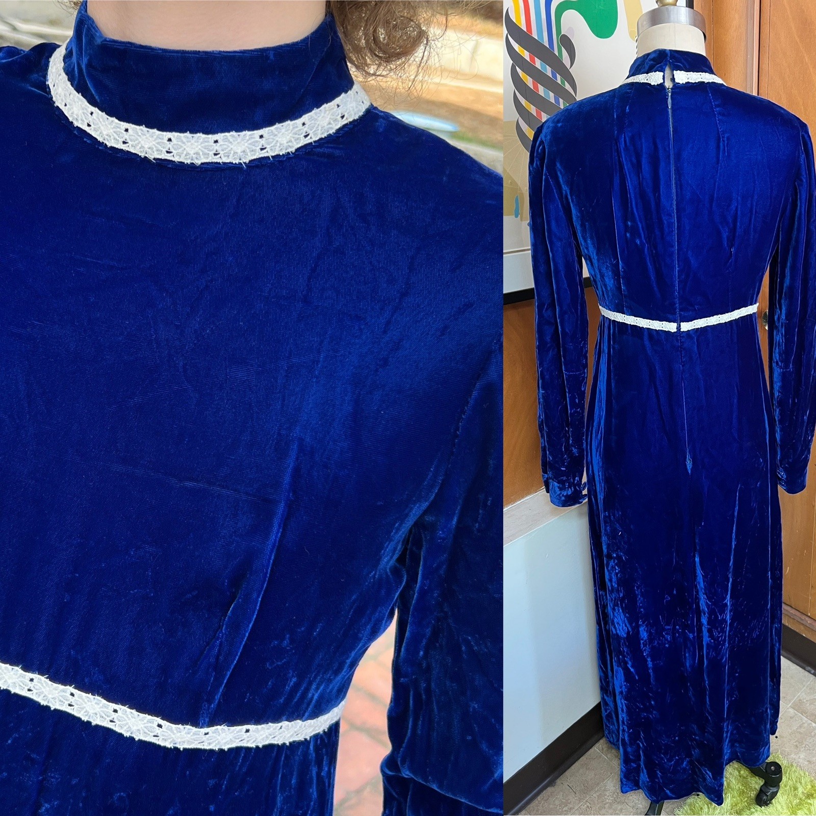 VTG Blue Velvet Dress Sz XS white crochet detail midi maxi sapphire