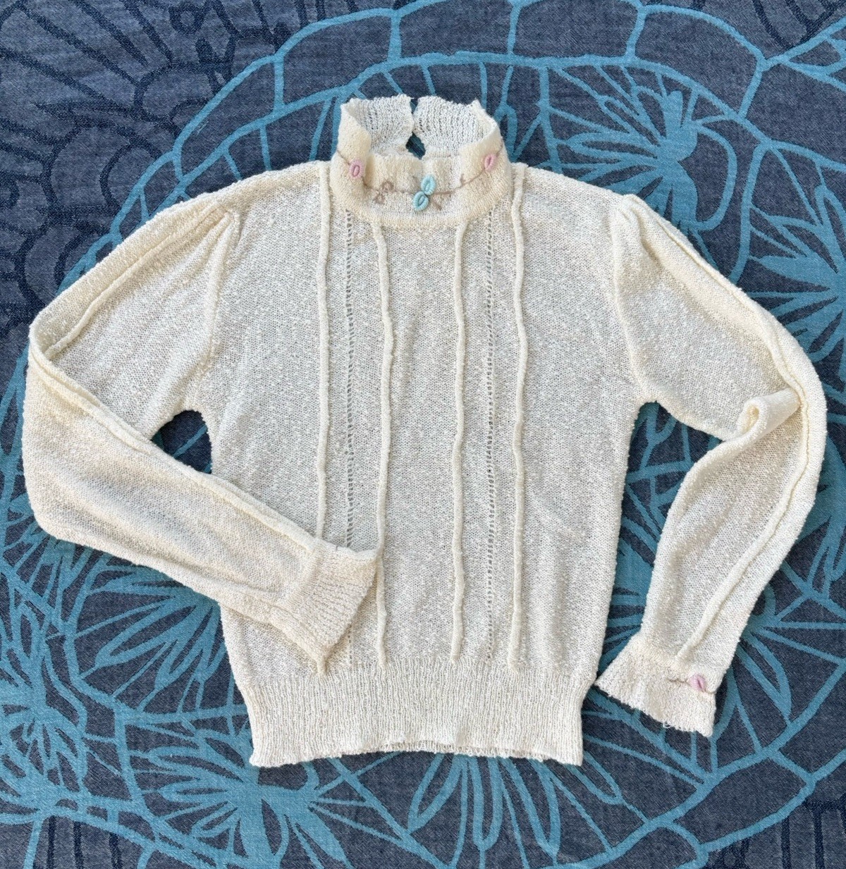 Vintage Foxmoor Sweater Pointelle Embroidered flower Coquette Cottage S 80s