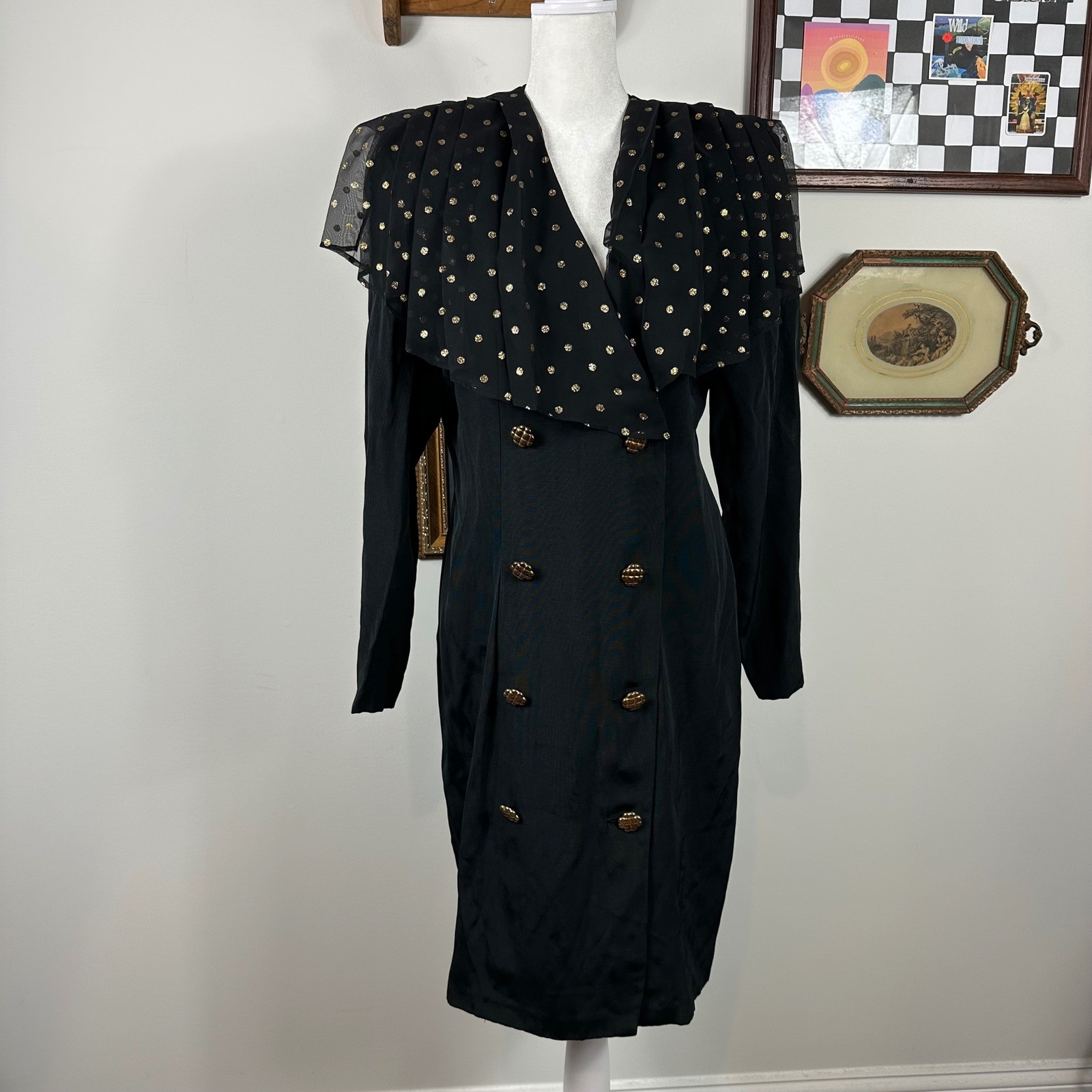 Vintage Scarlett Black Blazer Dress with Sheer Black and Gold Polka Dot Overlay