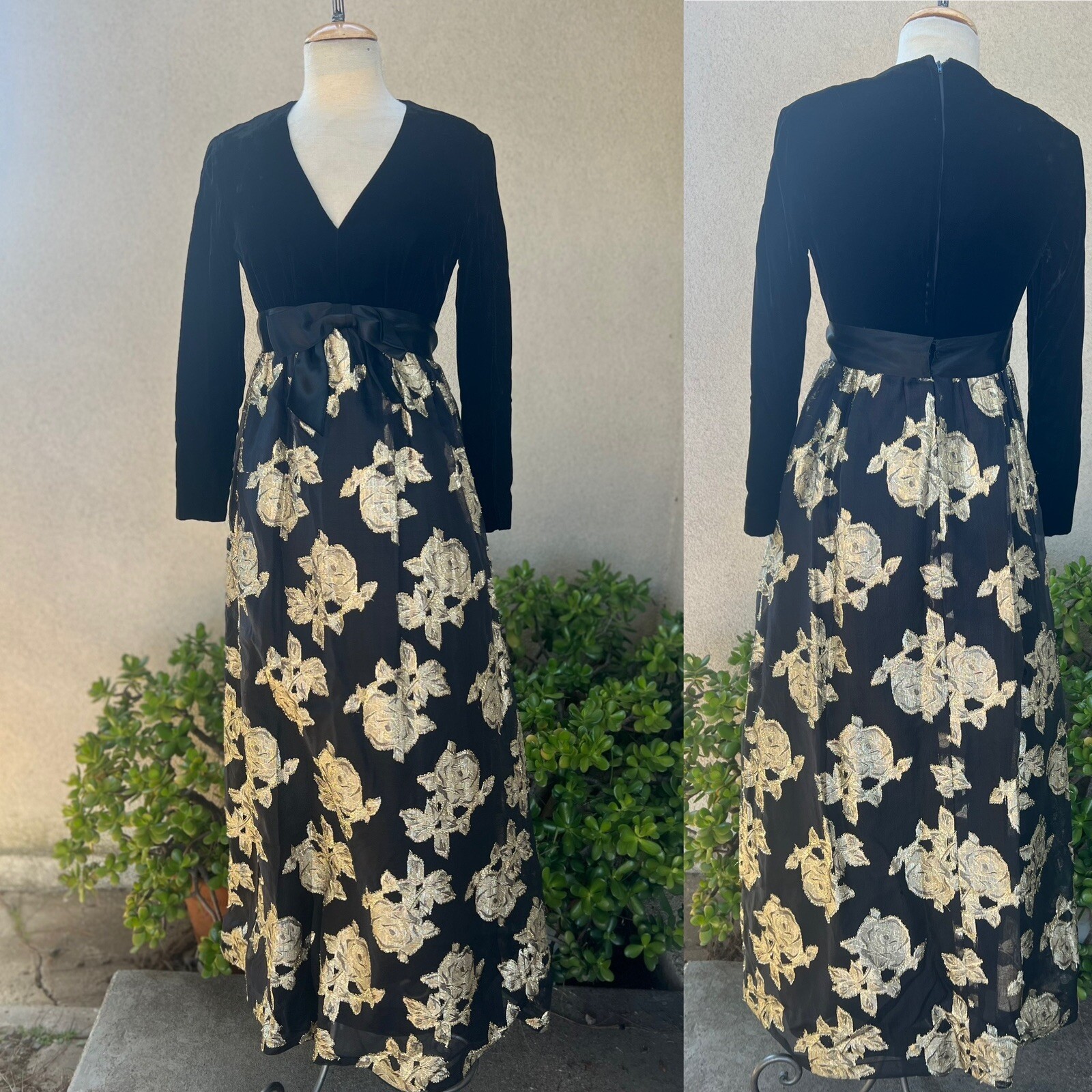 Vtg Glam Maxi Evening Dress Black Gold Velvet Brocade Chiffon 6 Sm Roger Milot