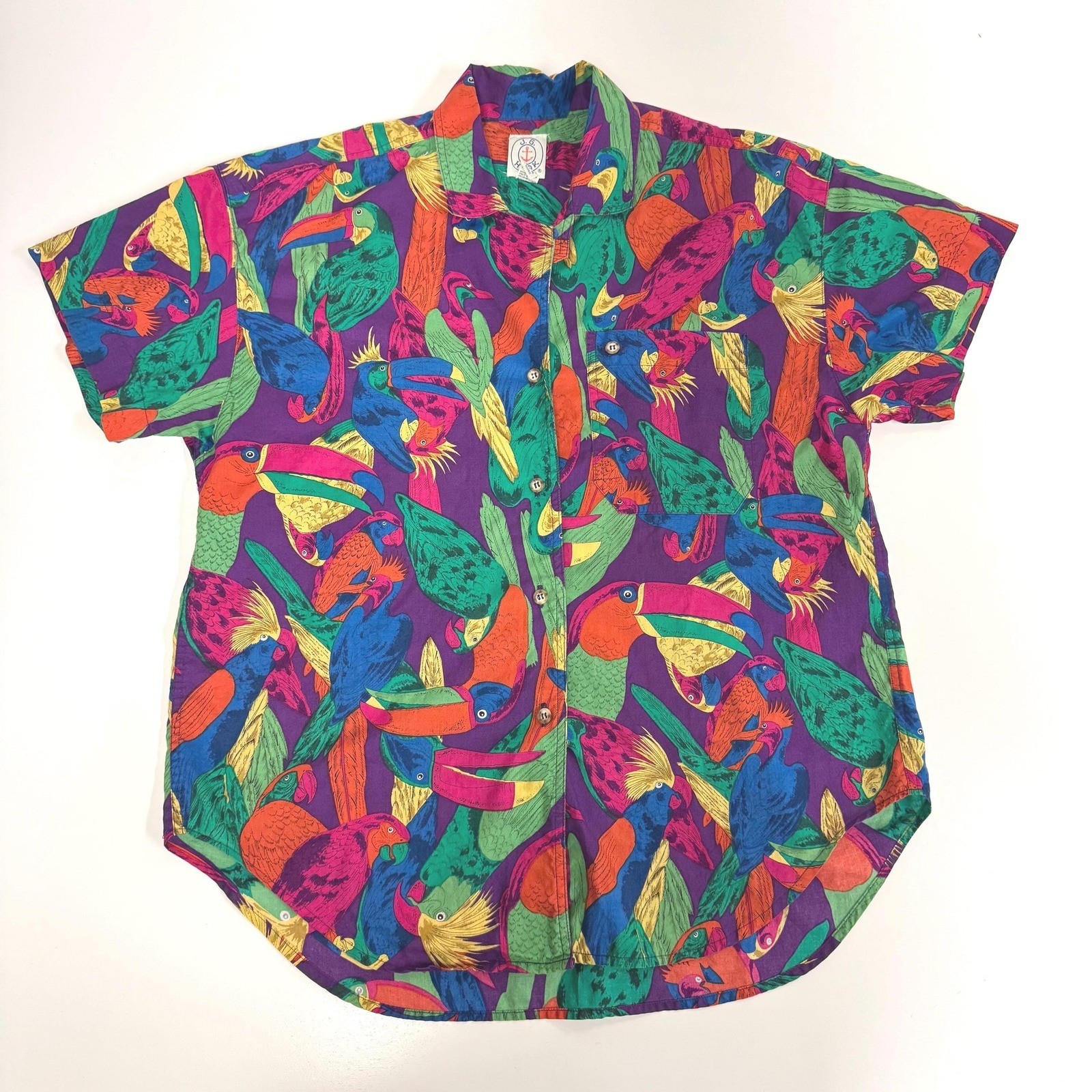 Vtg tropical bird pattern shirt abstract colorful JG Hook size 8 button up