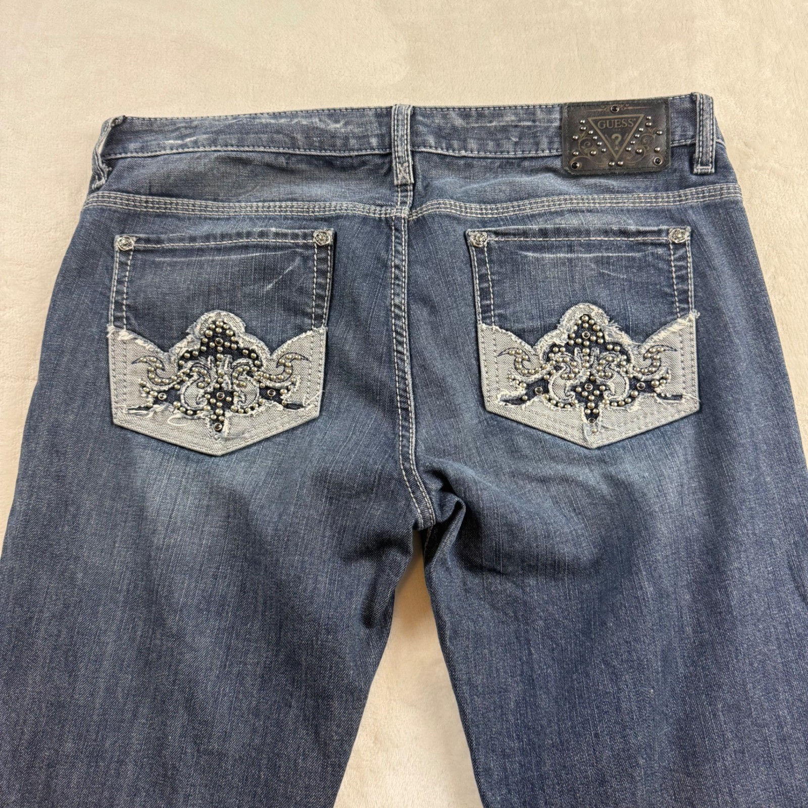 Vintage Guess Bootcut Jeans Womens 32 Blue Distressed Studded Pocket Y2K Indie