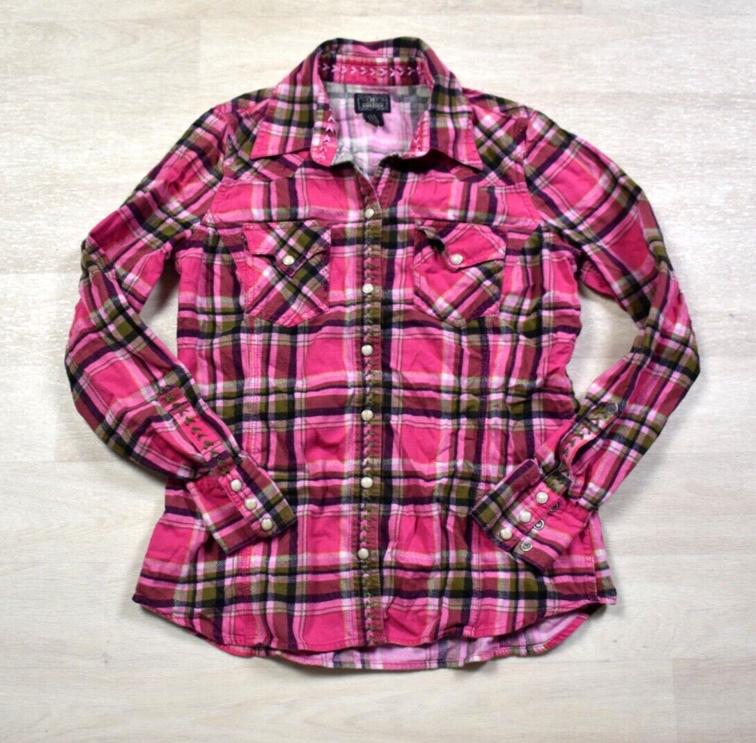 90s Lucky Brand Dungarees Womens Flannel Pearl Snap Western Shirt Small VTG