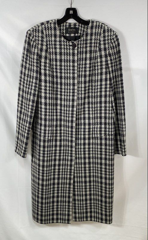 Vintage 90s Dana Buchman Women’s Black White Houndstooth Wool Blend Coat Sz 18