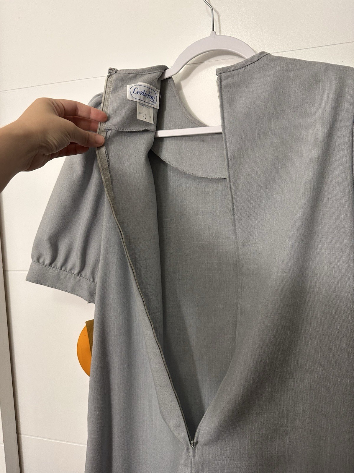 Leslie Fay Vintage 80s Grey Eyelet Short Sleeve Secretary Style Dress Size 14