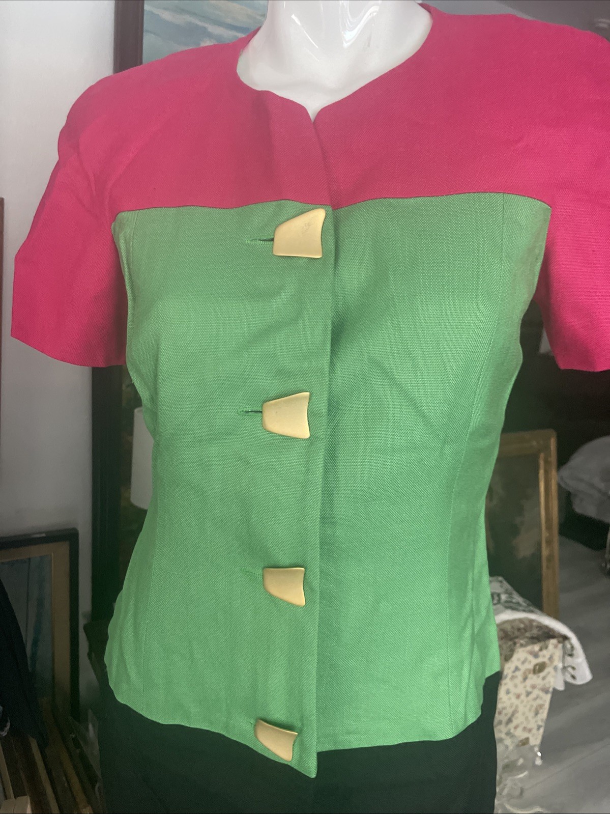 Vintage CONSTANCE SAUNDERS color block dress SZ P 8 Rare Buttons