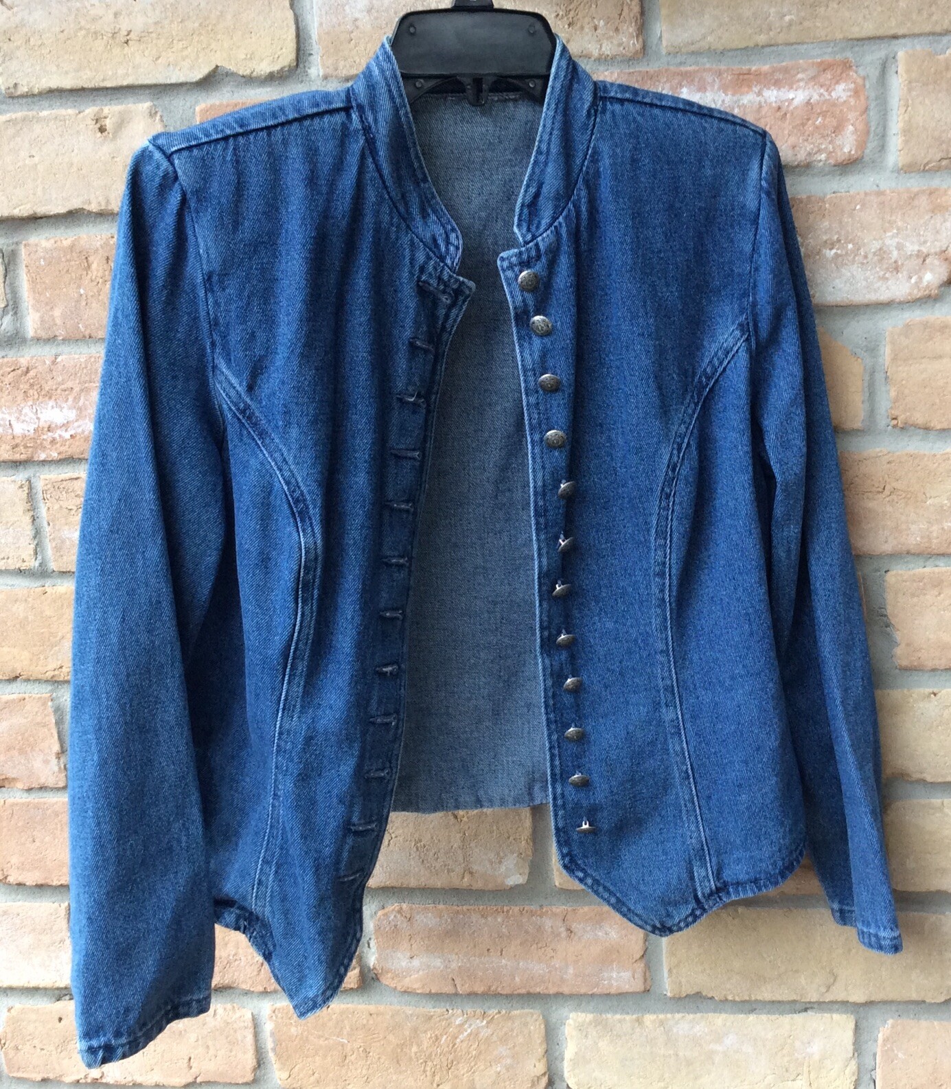 VTG 80s Blue Denim Military Look Jacket Womens Sz S? Shoulder Pads Buttons