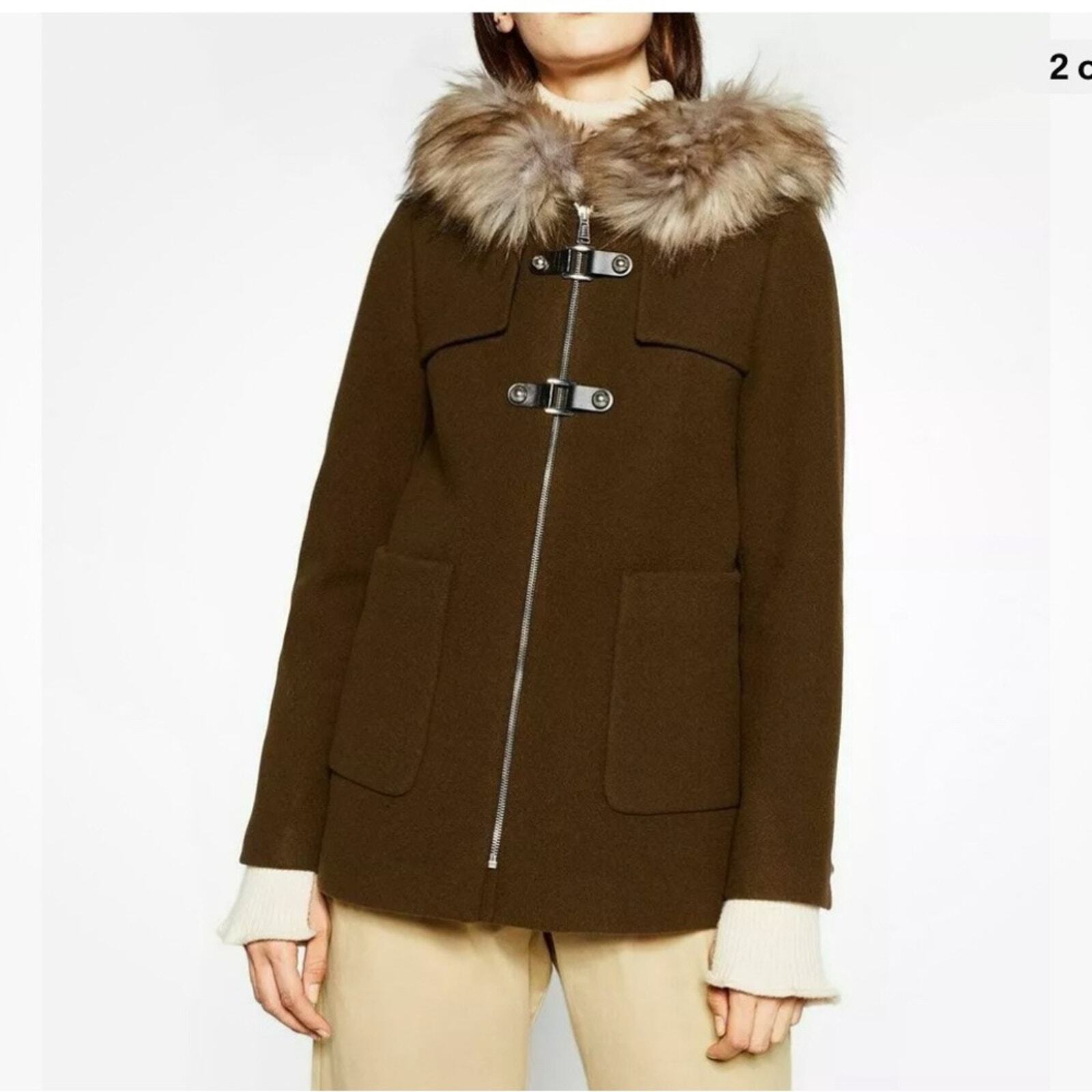 ZARA khaki army green faux fur trim hood duffle coat size XS