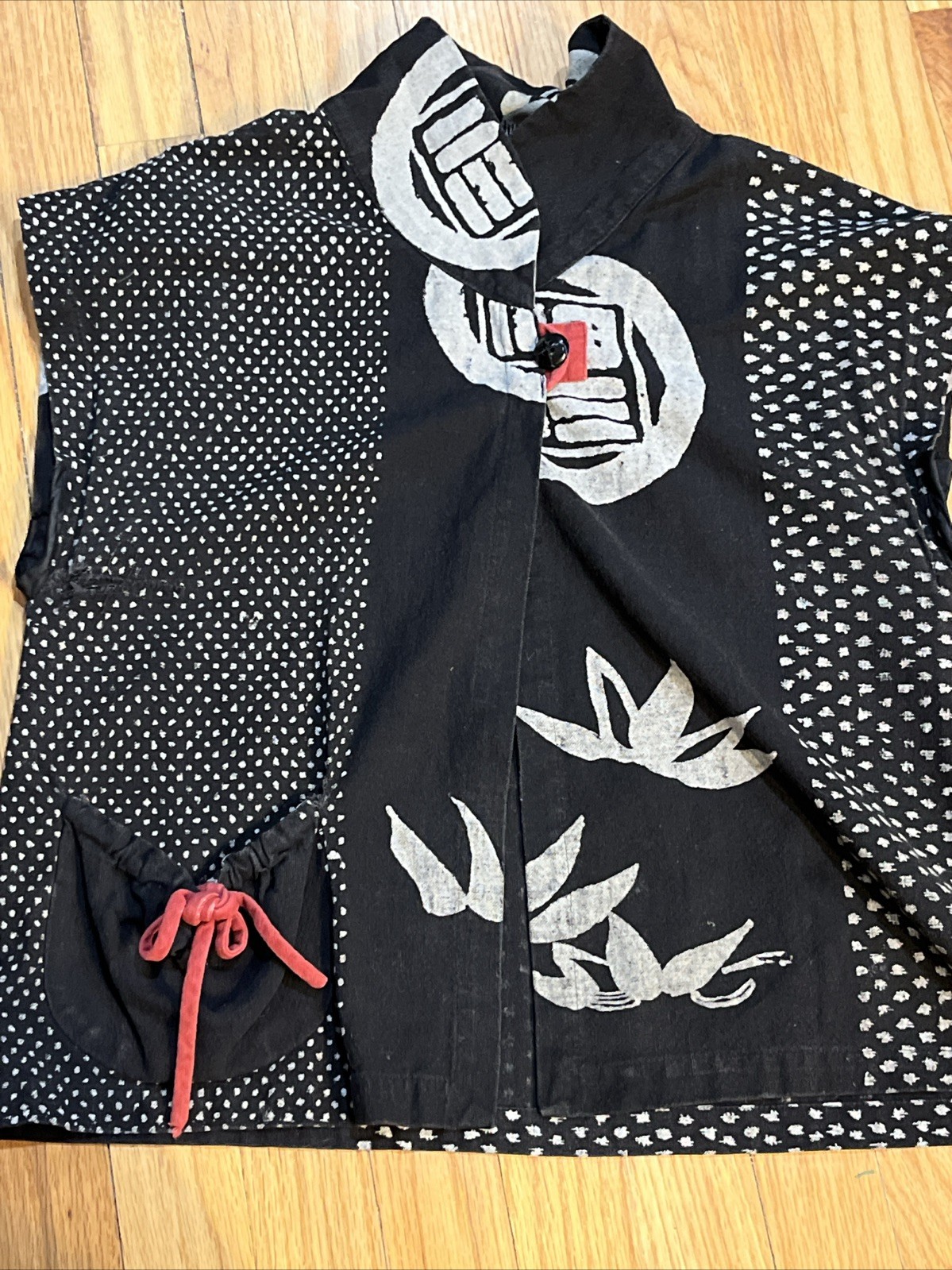 Vintage Pink Cupcake Tag Black Asian Patchwork Art Lotus One Button Vest Sz L