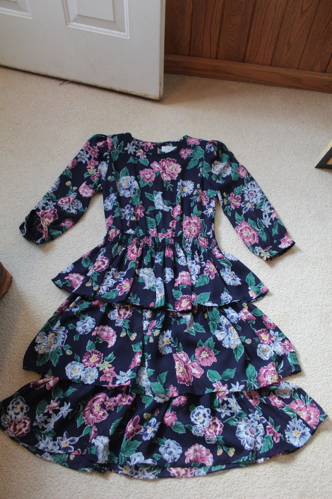VTG LESLIE FAY PETITES FLORAL DRESS W/ 3 TIER SKIRT SZ 8 PETITE STRETCH WAIST