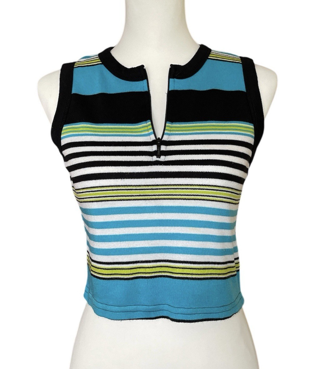 Vintage Y2K Striped Knit Zip Front Crop Top Blue Sleeveless Skater Girl 90s S
