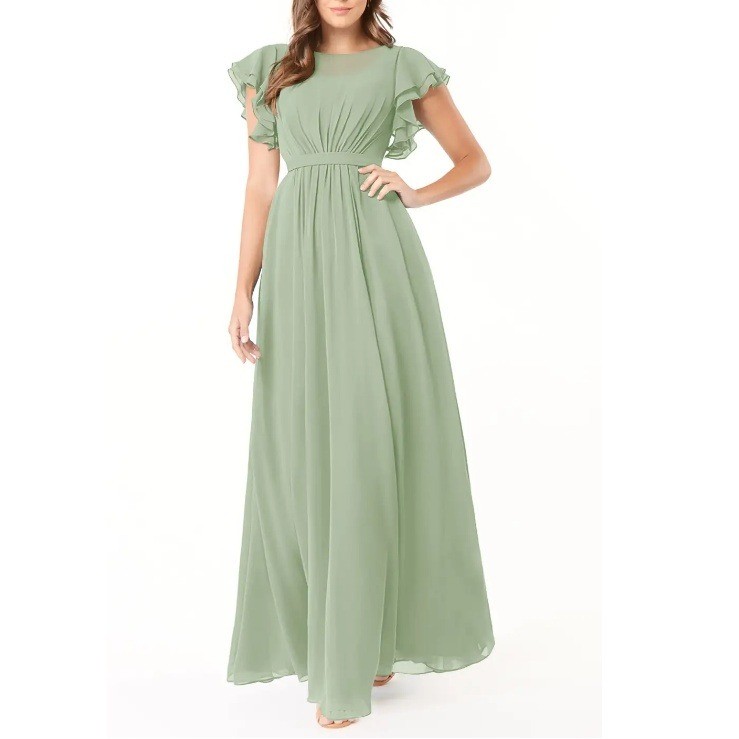 Azazie Dusty Sage Daphne A-Line Ruffled Chiffon Floor-Length Dress Size A18 NWT