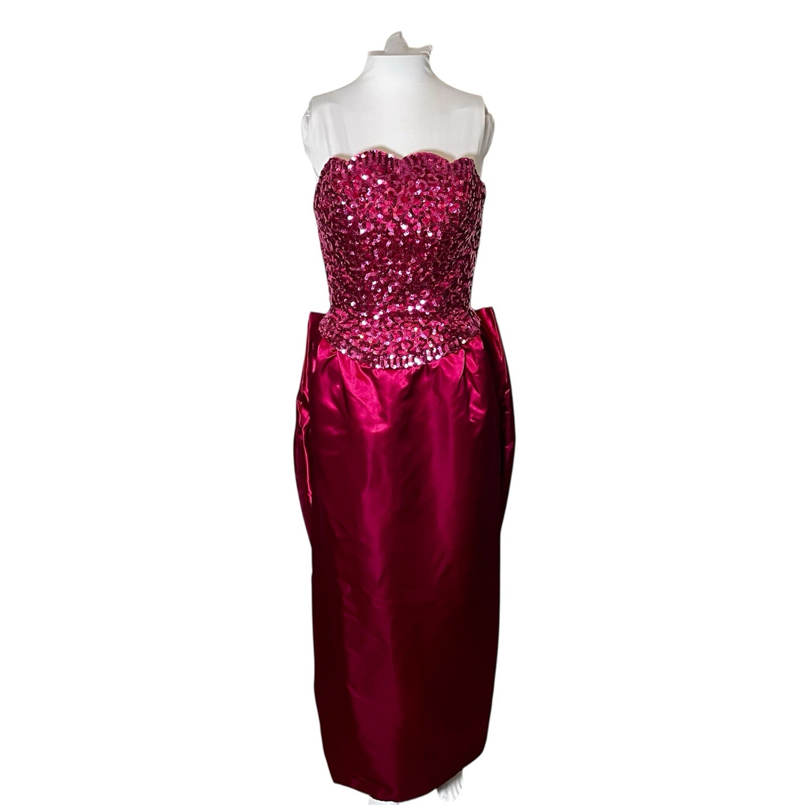 Vintage Mike Benet Satin 60s 70s Hot Pink Prom Formal Dress Sequin Scalloped
