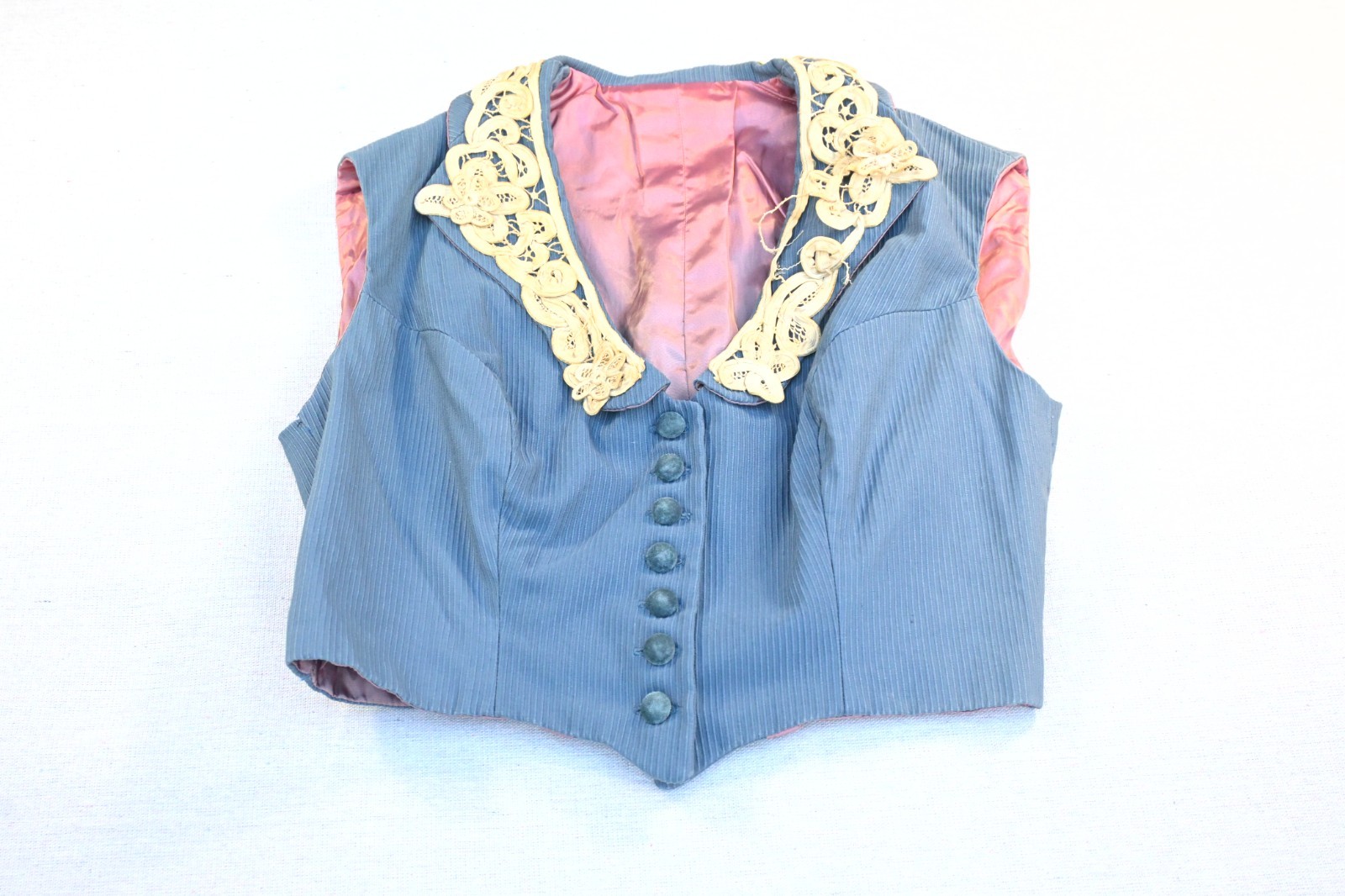 Vintage 1940s Womens Blue Grey Vest Bodice Cream Lace Collar Covered Buttons