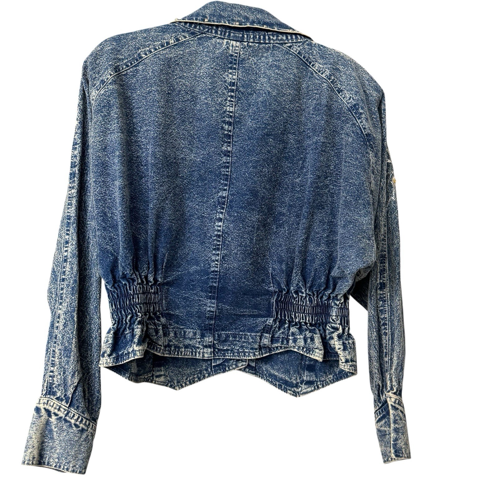 80s Denim Jacket Short Acid Wash Floral Embroidery Embellished Crop Sz M Vtg EUC