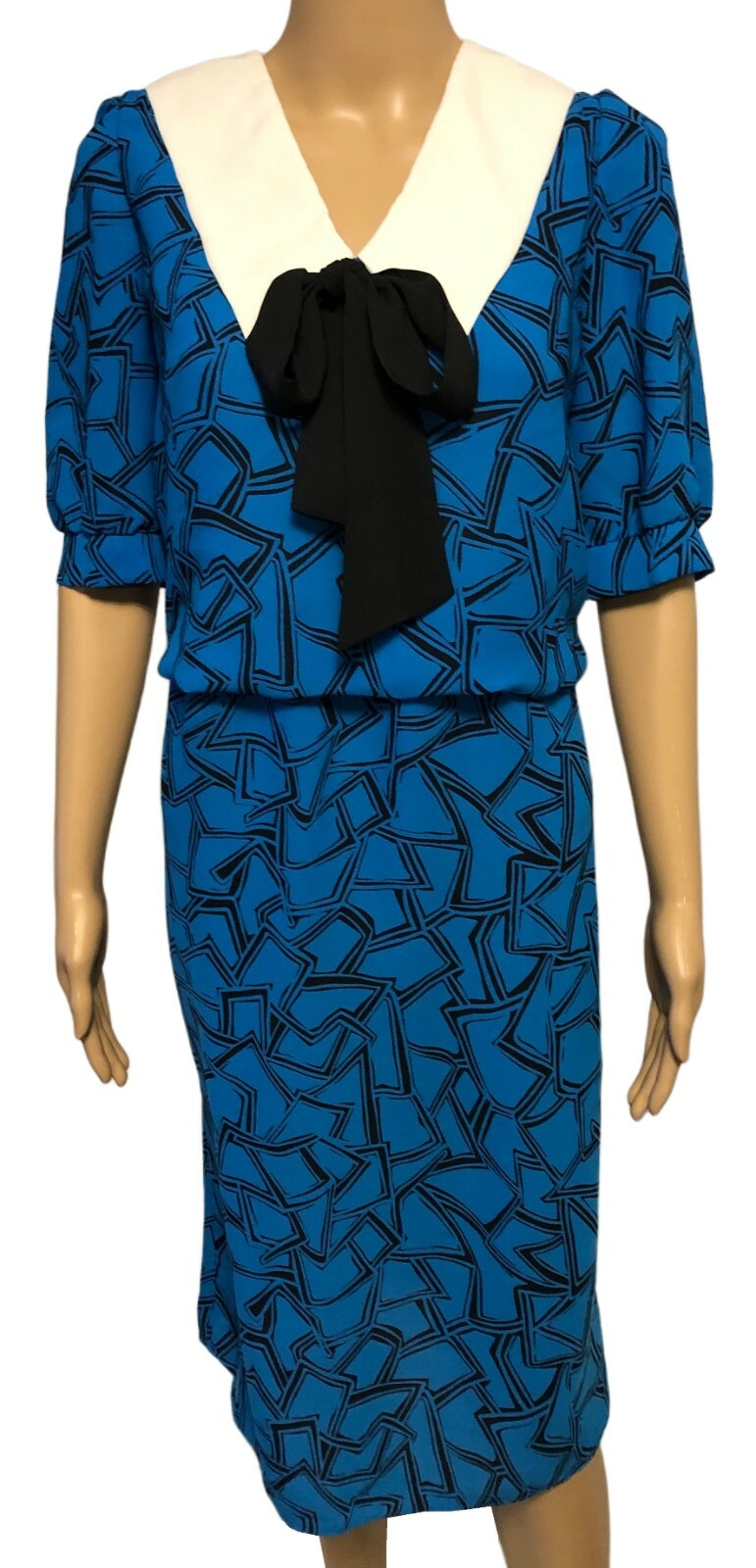 vtg J.B. Too Teal Secretary Tea Dress Sz 8 Oversized Collar with Bow 80s 90s