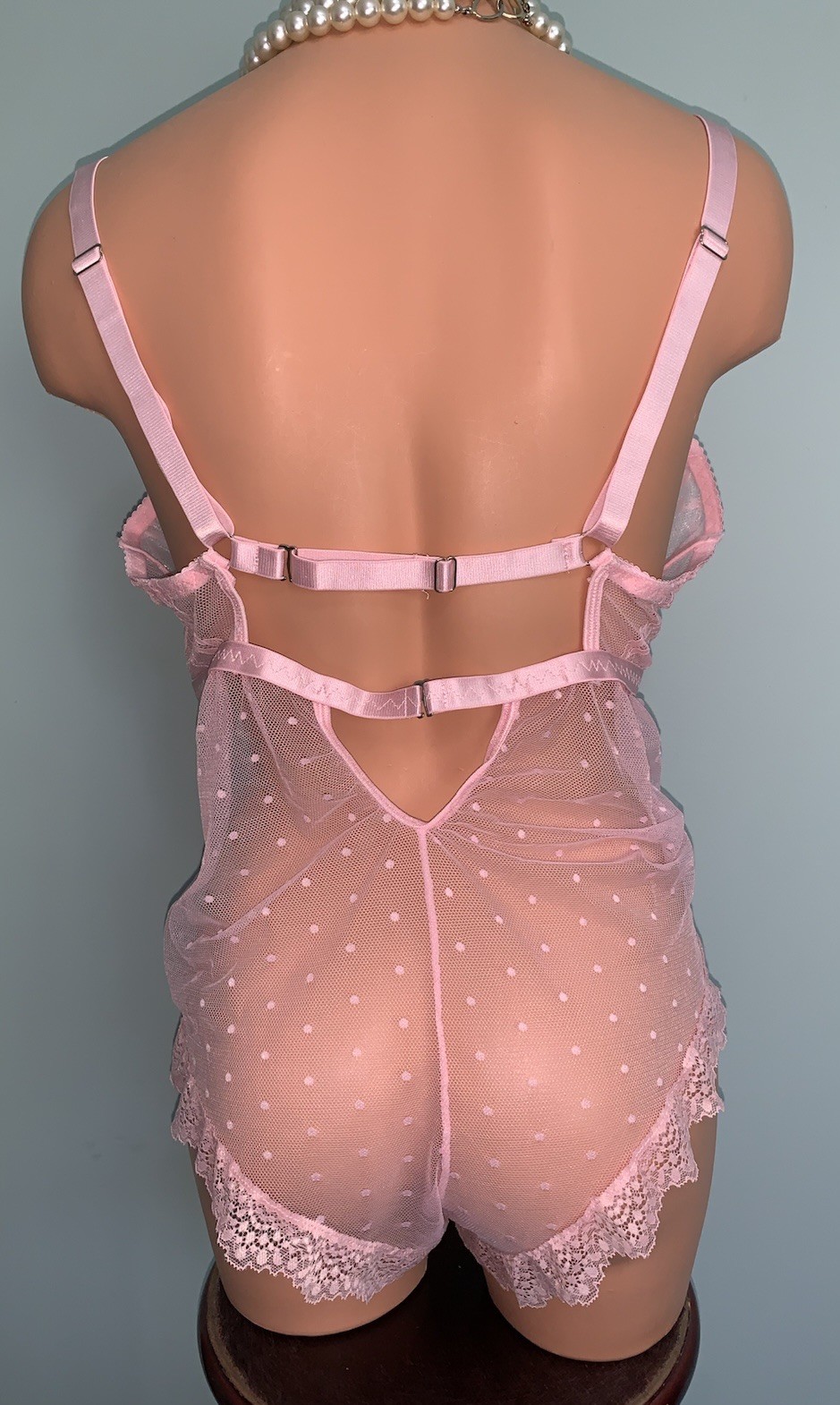 NEW SHEER Chiffon Teddy Romper Bodysuit XL SOFT Pink Polka Dot UW Bra Top