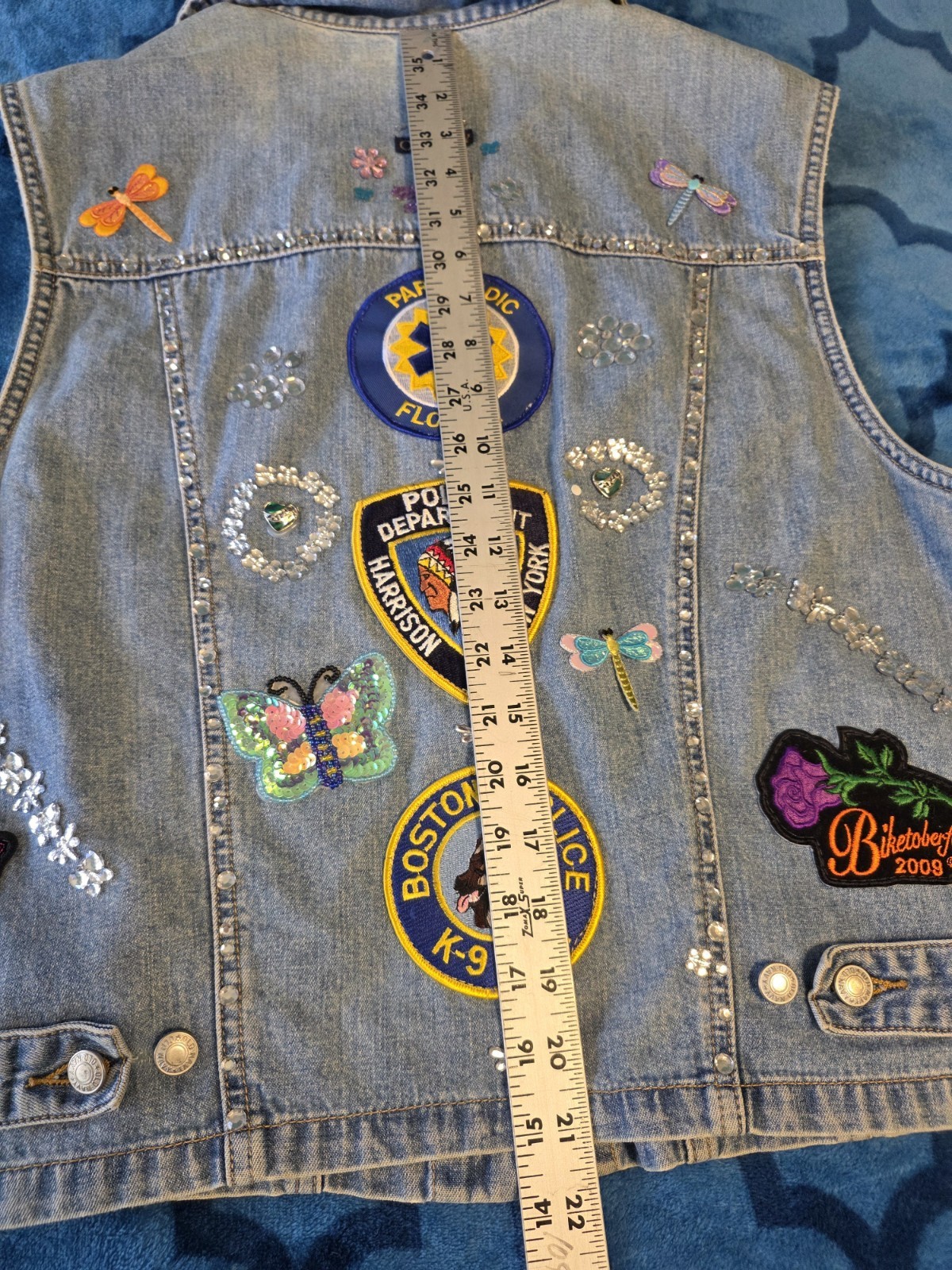 Vtg Old Navy Large Womens Jeans Vest Diva Patches Jeweled Pins Biker Vest