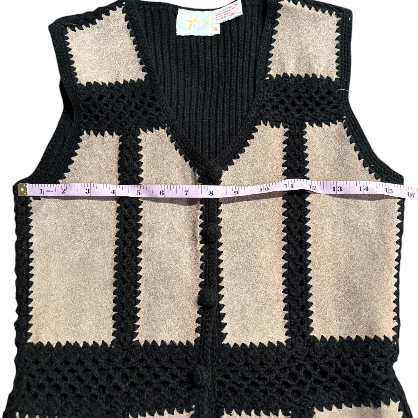 Tarri vtg 60s cream genuine leather and crochet button up sweater vest sz S