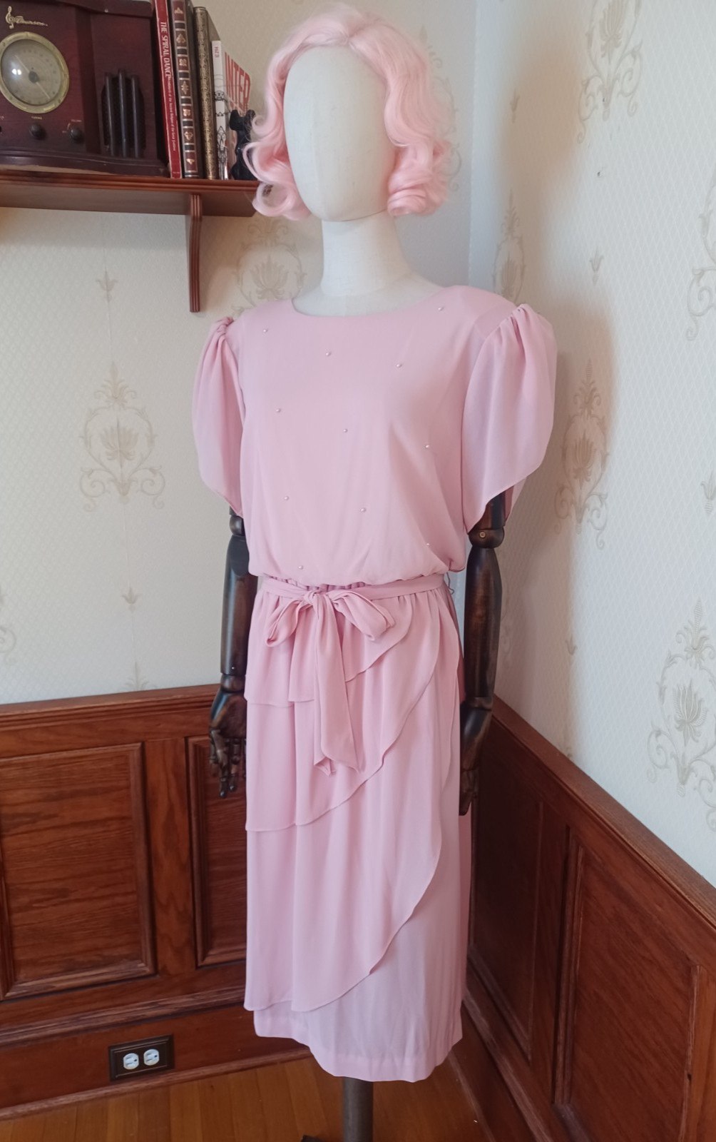 Vintage 1960s/70s Toni Todd Union-Made Pink Pearled Puff Sleeve Coquette Dress