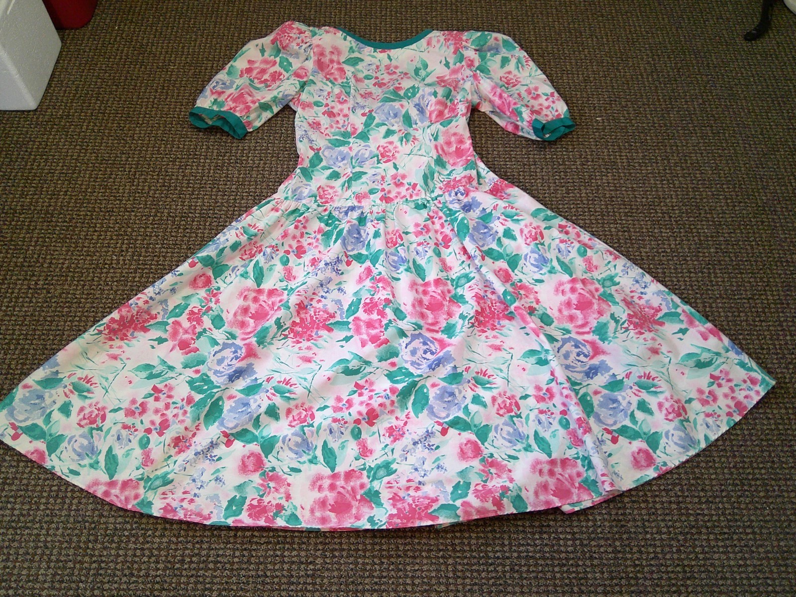 Vtg 80’s Garden Party Modest Style Floral Drop Waist Puff Slv BOW Back Dress 16