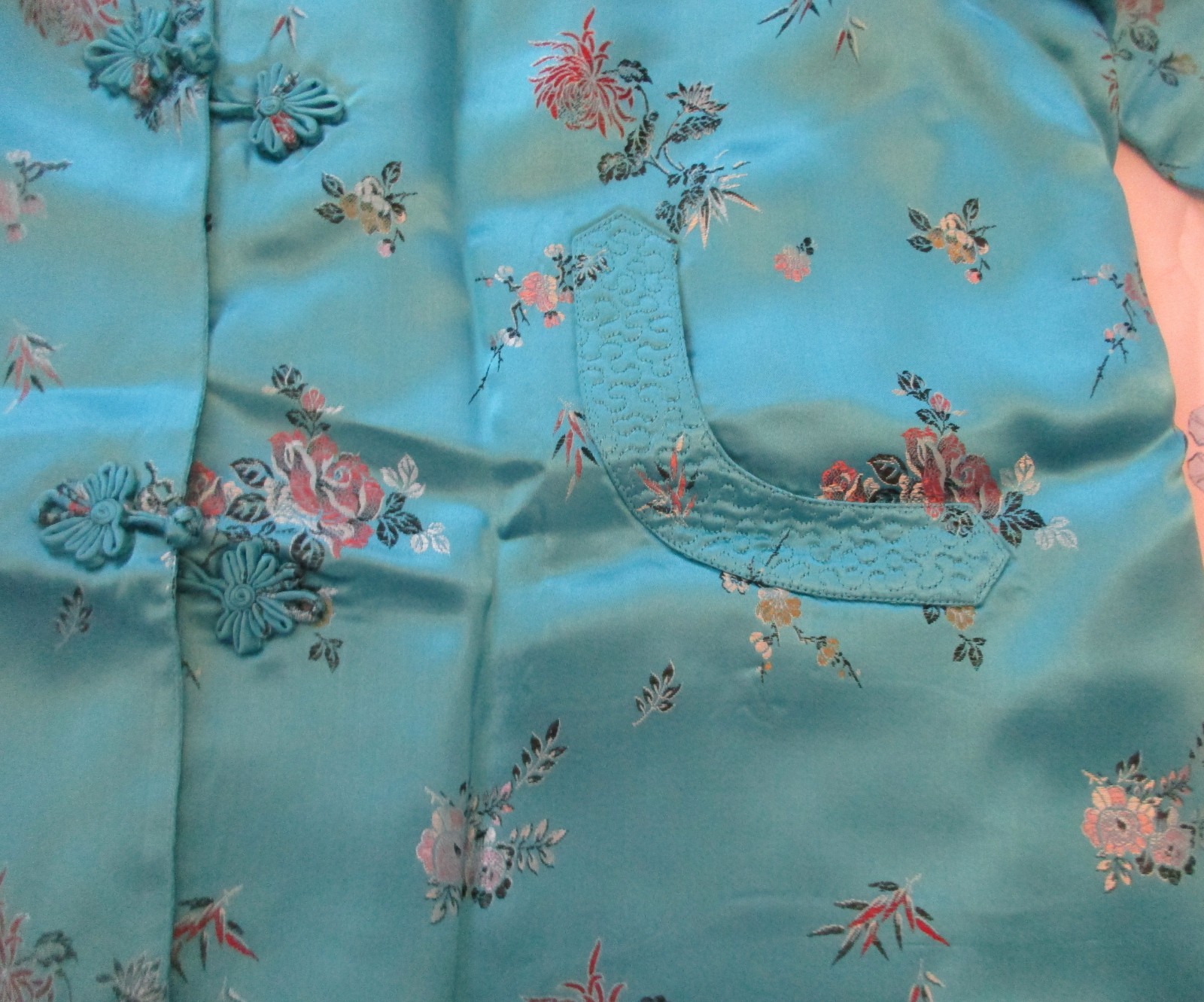 Vintage Turquoise Satin Brocade Asian Floral Robe – Size 42 – 1940s/60’s