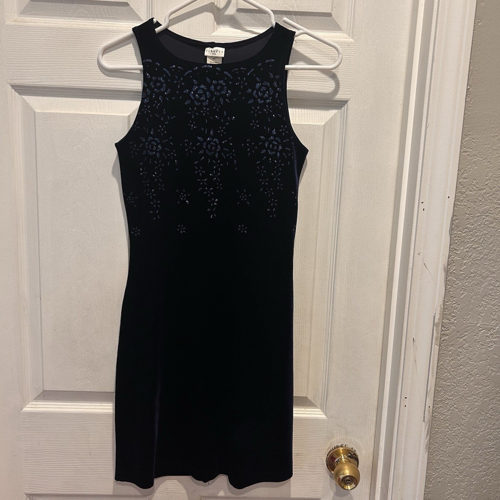 Finesse USA Vintage 90s Navy Blue Velvet Glitter Floral Mini Dress Small y2k