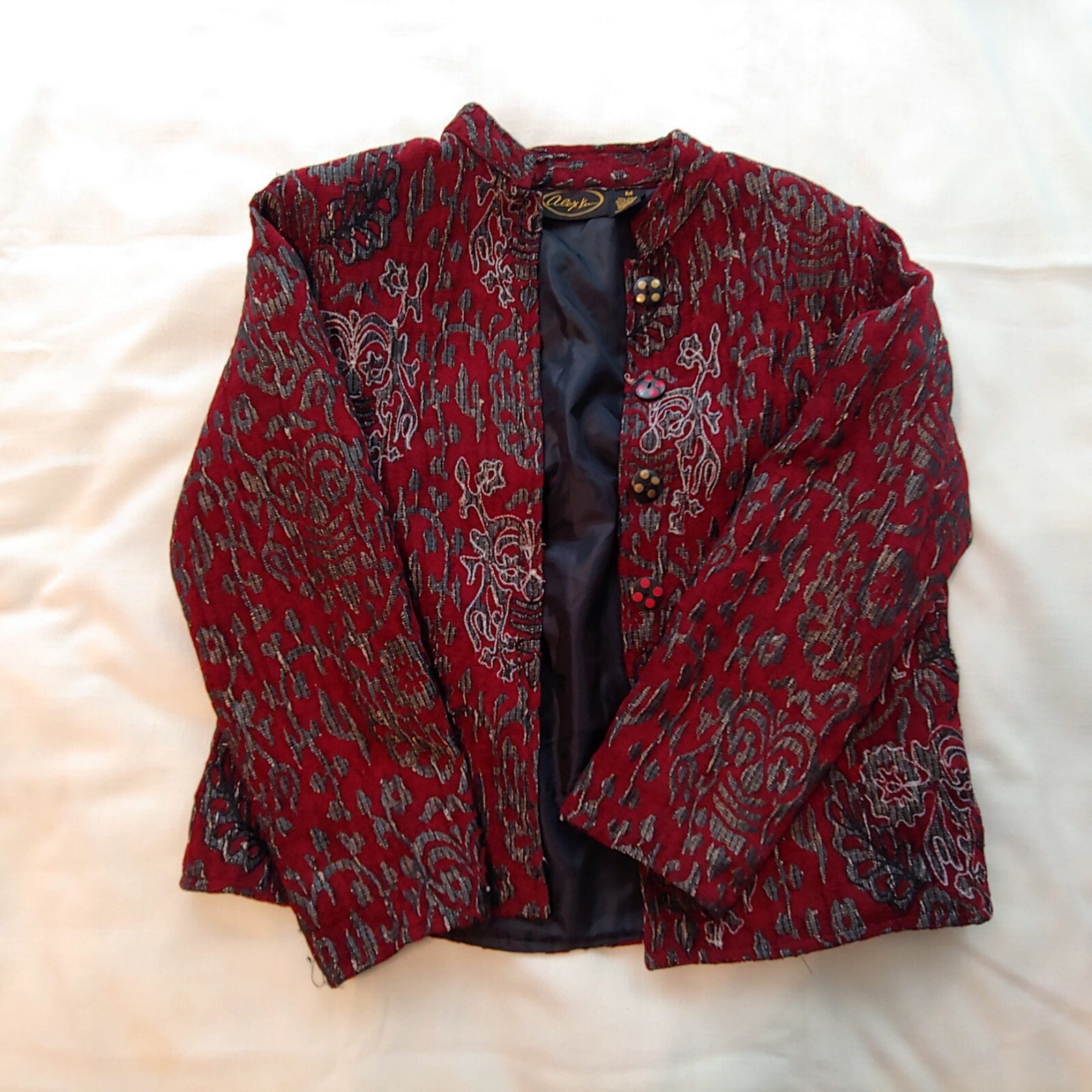 Vintage Womens M Alex Kim suit jacket maroon gray floral