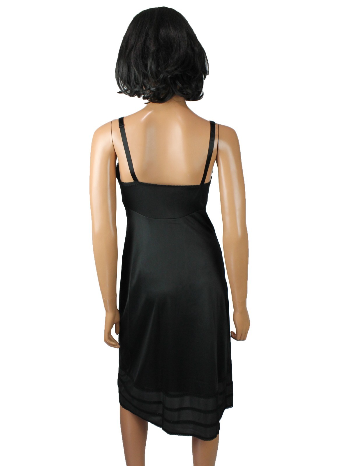 70s Full Dress Slip 32 Tall Vintage Lorraine Black Lace Trim Tiered Snip It Hem