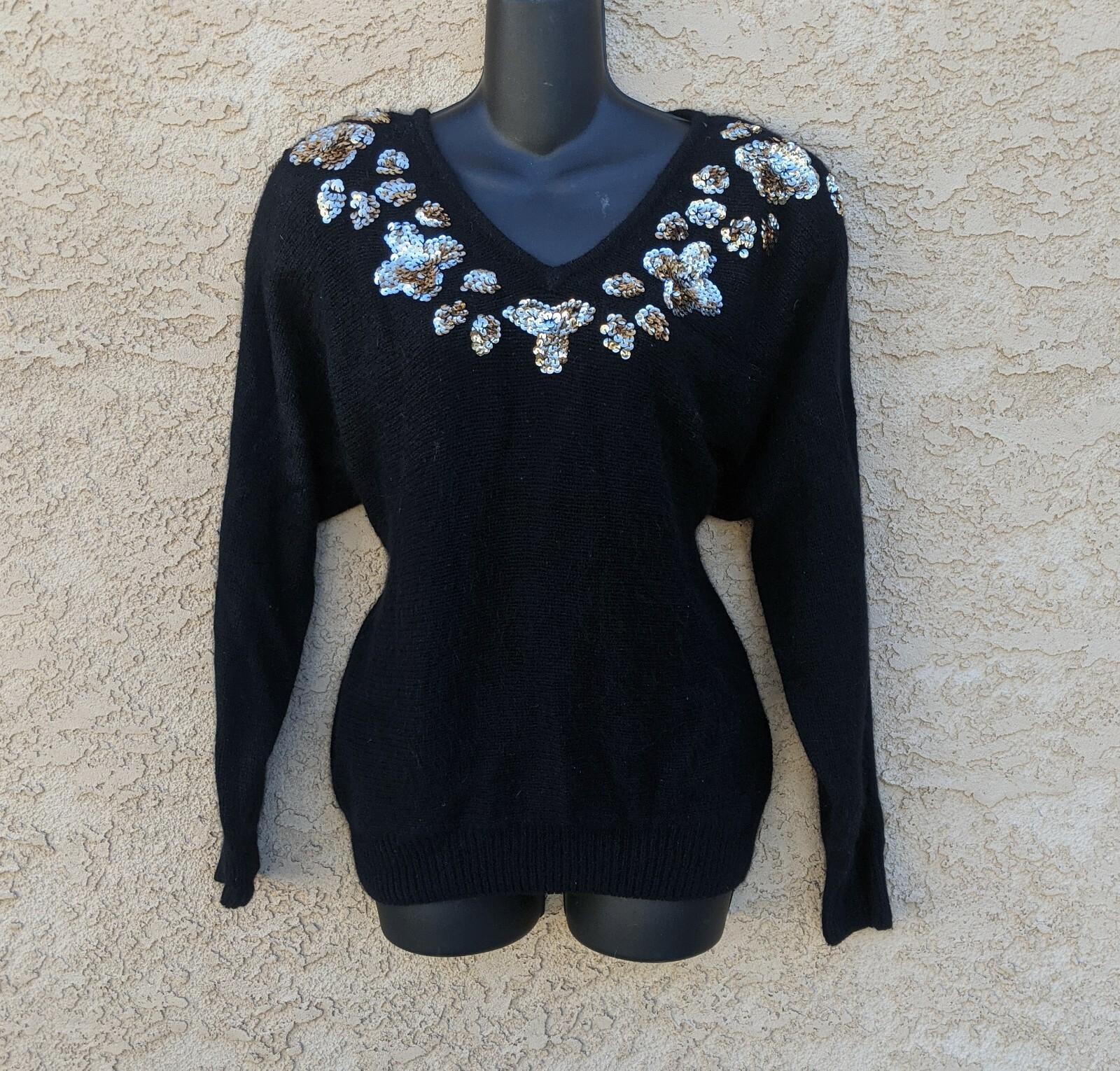 Vtg 1980s Work In Progress Sequin Sweater Gladys Bagley Glam Rock Silk Angora M