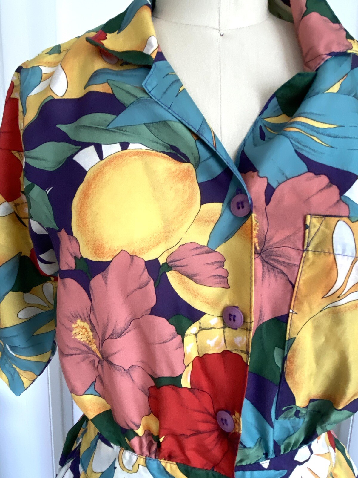 VTG CAROL ANDERSON TROPICAL FLORAL W/ FRUIT RAYON DRESS SZ S COLORFUL