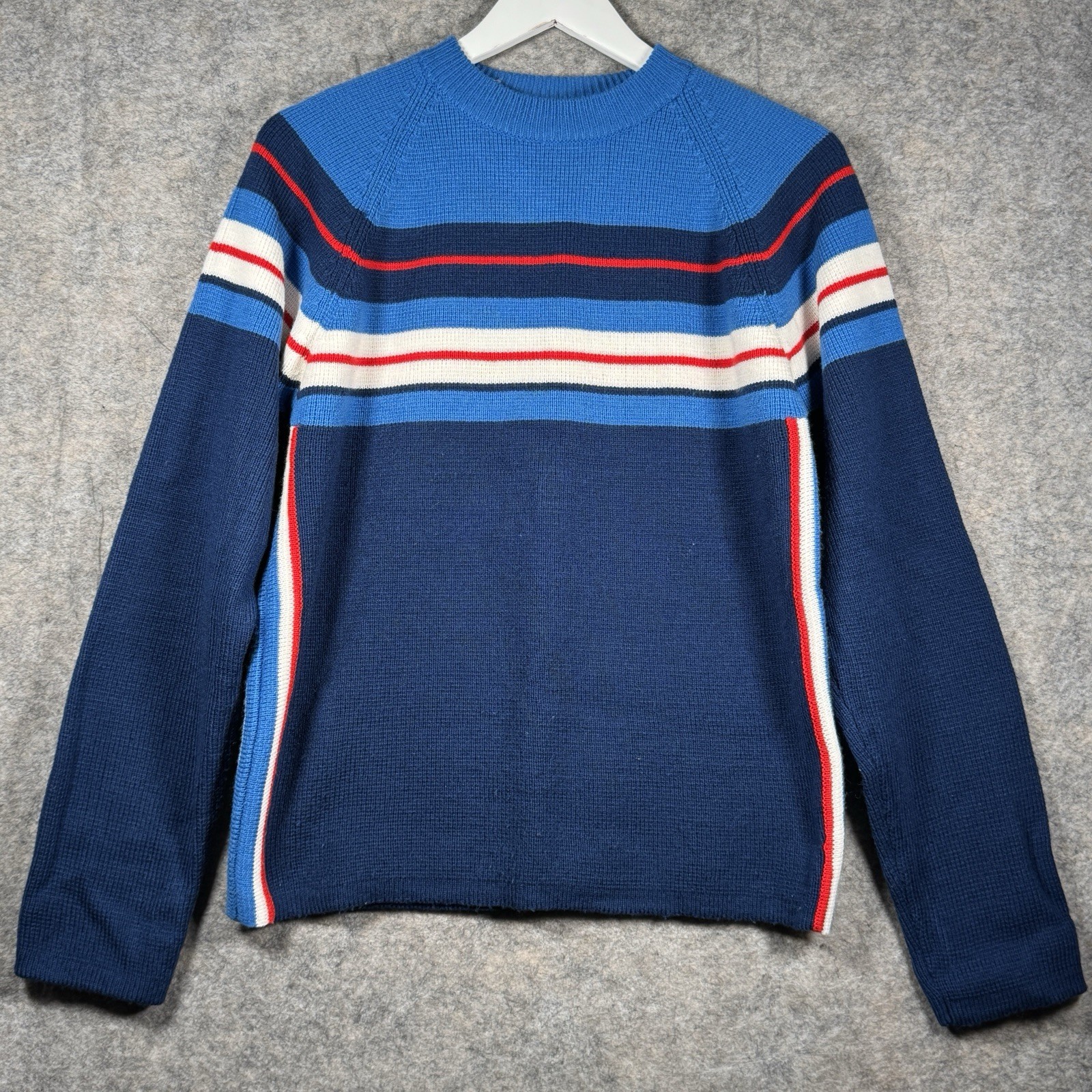Vintage Womens Antler Brand Blue Red White Striped Knit Sweater Size L 19×25