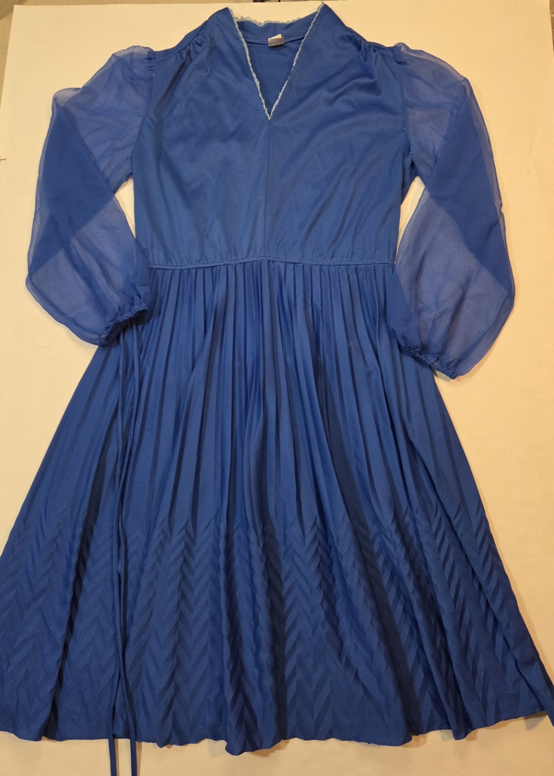 Vintage Secretary Dress Size 16 Chevron Pleated Skirt Chiffon Balloon Sleeves