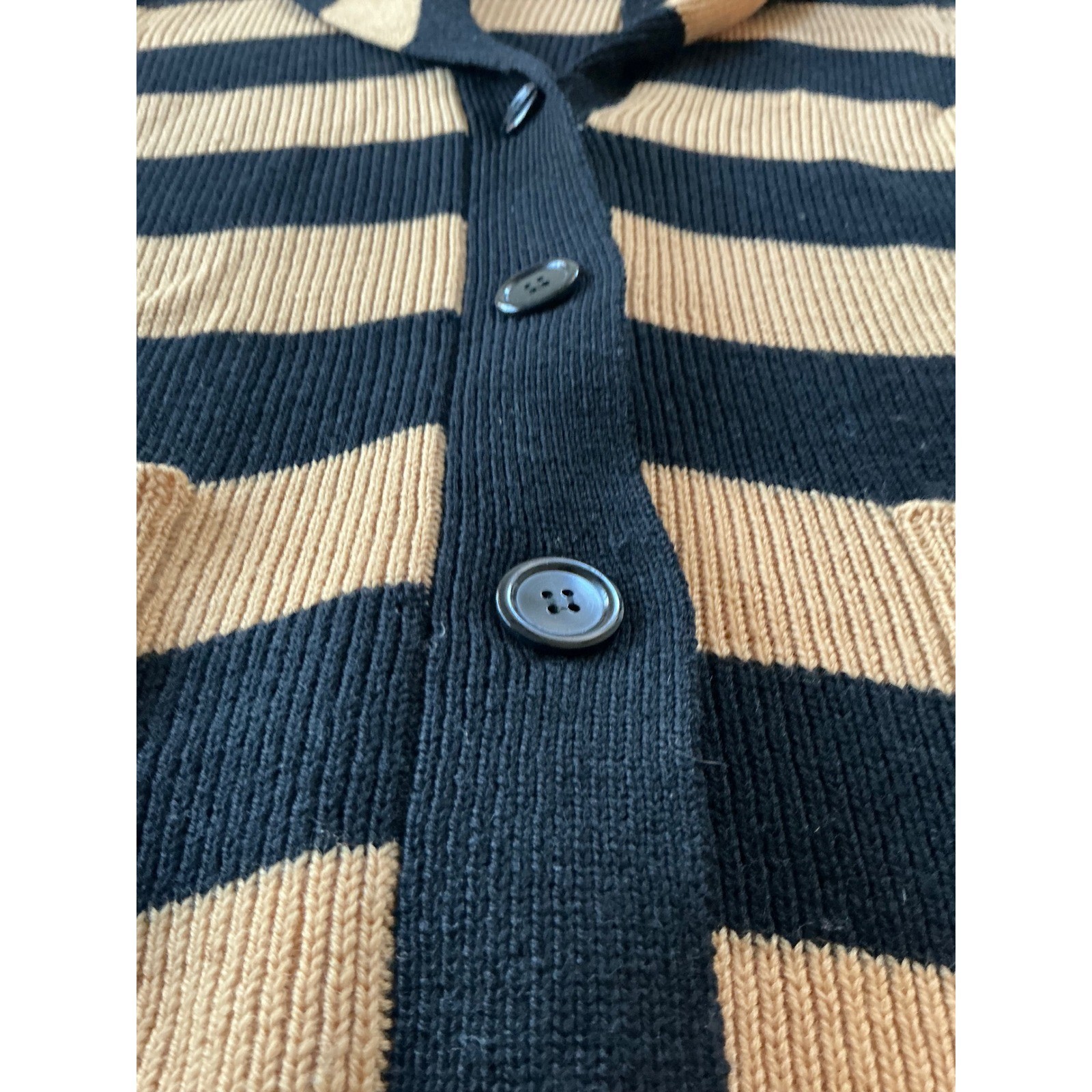 Vintage Riki for Crazy Horse 100% Wool Striped Hooded Cardigan Sweater Tan Black