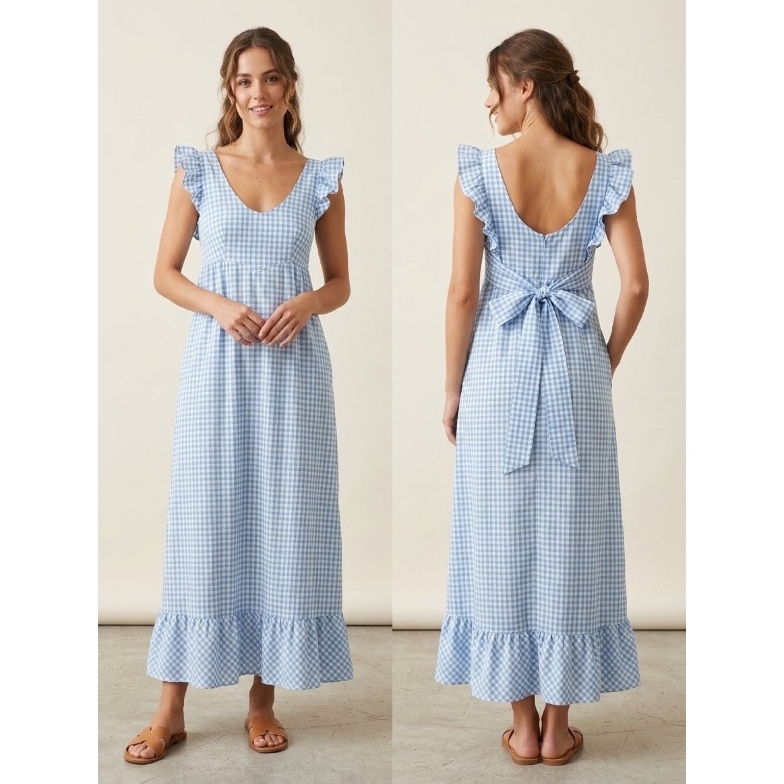 Vtg 70s Joy Stevens Blue Gingham Ruffle Maxi Dress Cottagecore Prairie Small