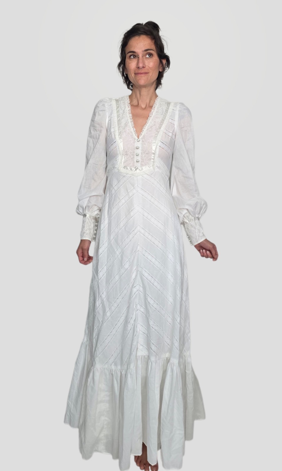 Jody of California White Lace Prairie Maxi Dress | 1970s Romantic Wedding Dress