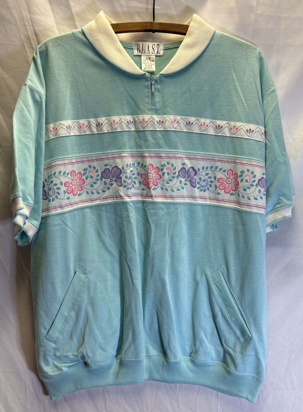 Vtg 80s Women’s Large Aqua Quarter Zip Floral Grandma Short Sleeve Collar Pocket