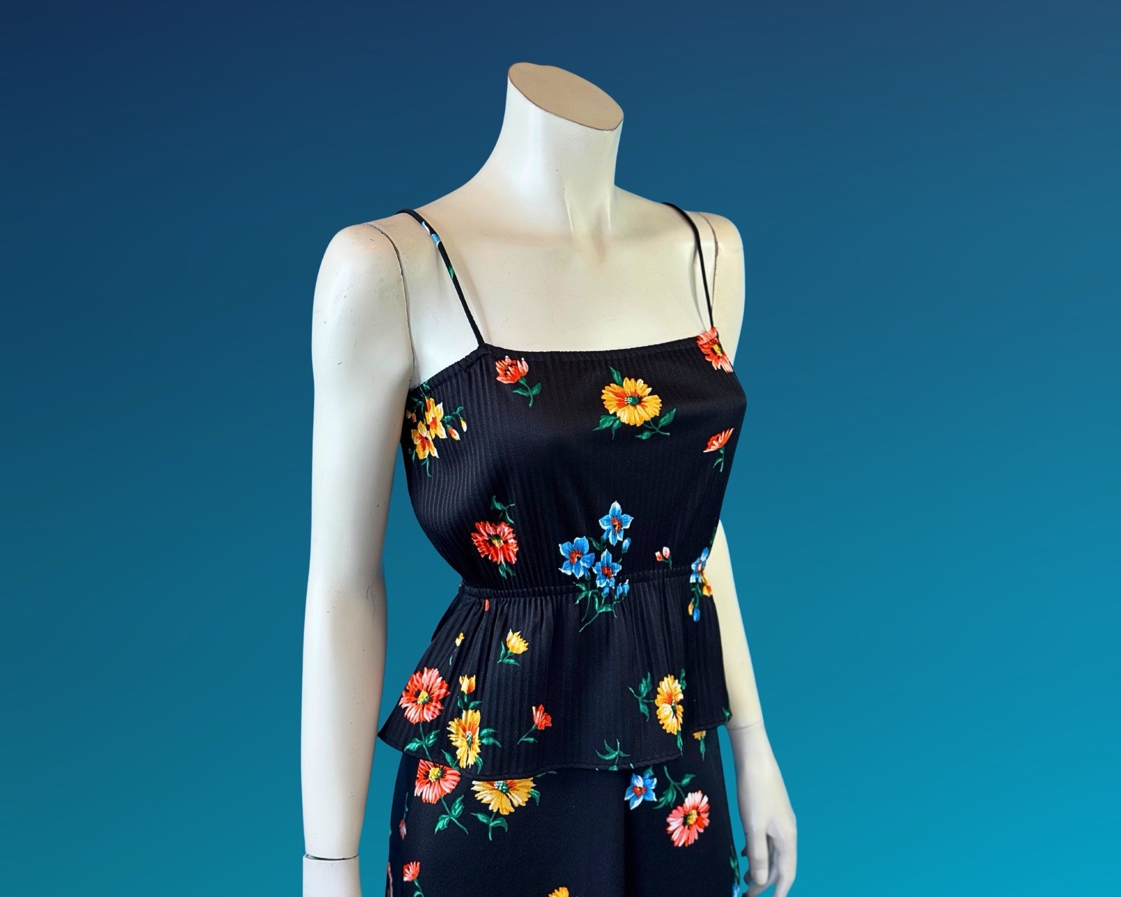 70s Boho Black Floral Print Peplum Maxi Sundress / S XS