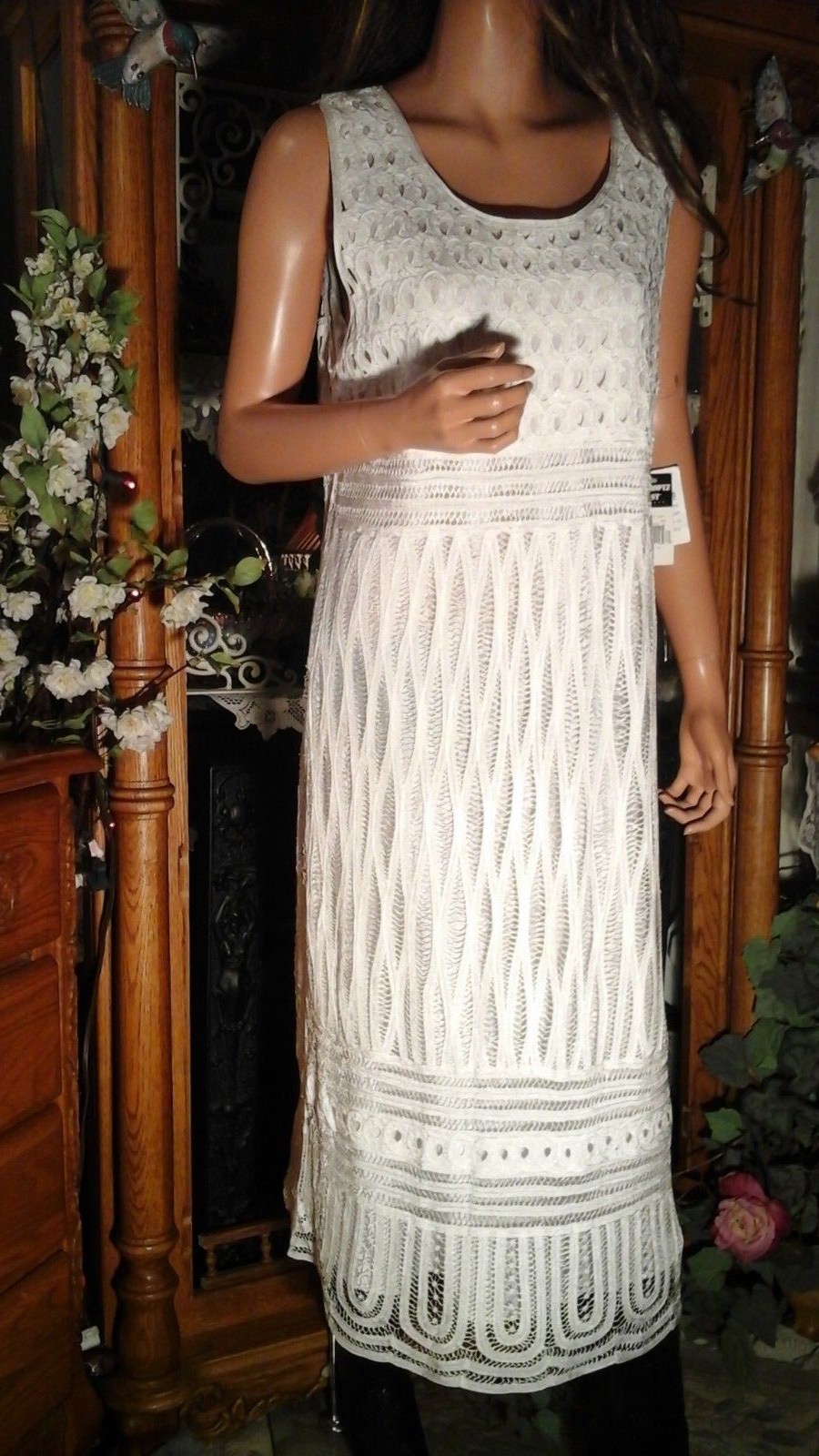 VTG NEW SZ M L WHITE SLEEVELESS BOHO WESTERN LACE MAXI DRESS WEDDING BRIDE
