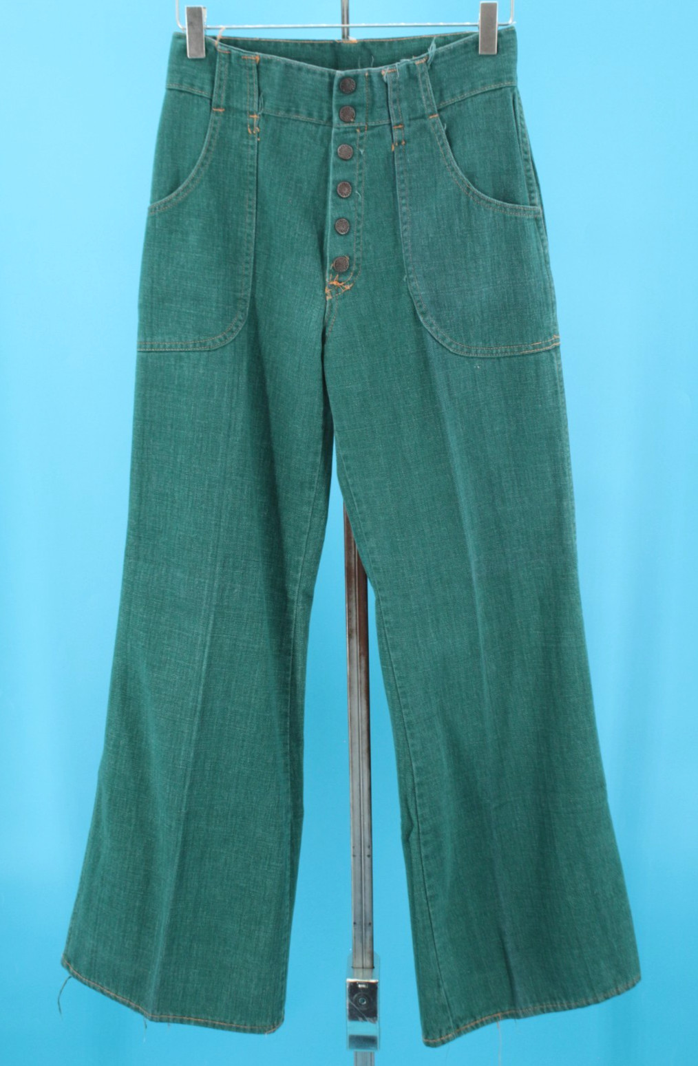 VTG Womens 70s Hunter Green Denim Snap Button Fly Bell Bottom Jeans Sz 28″ 1970s