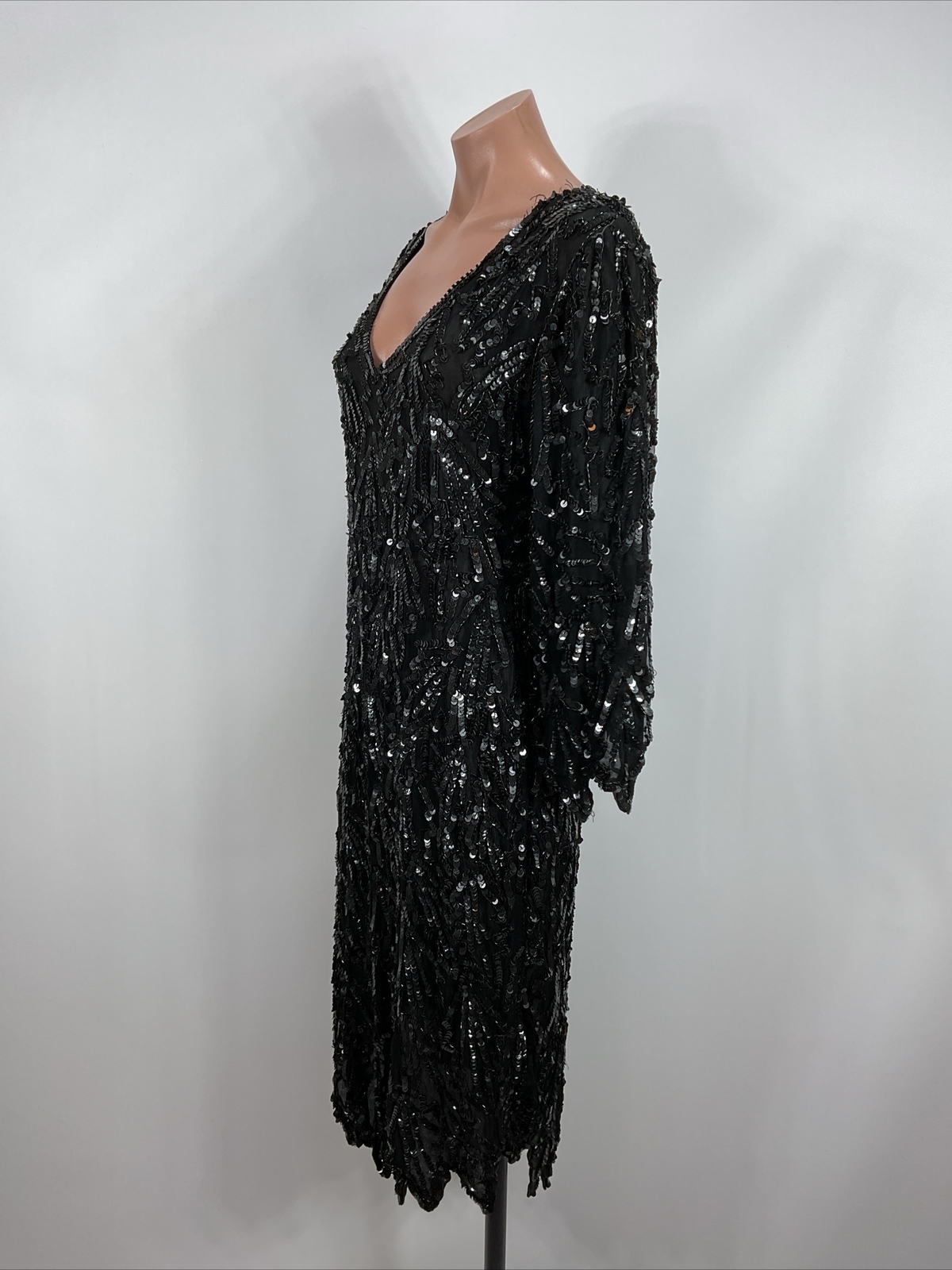 Vintage Linsiano Black Midi Dress Flapper Silk Sequin V Neck Fringe Hem sz S