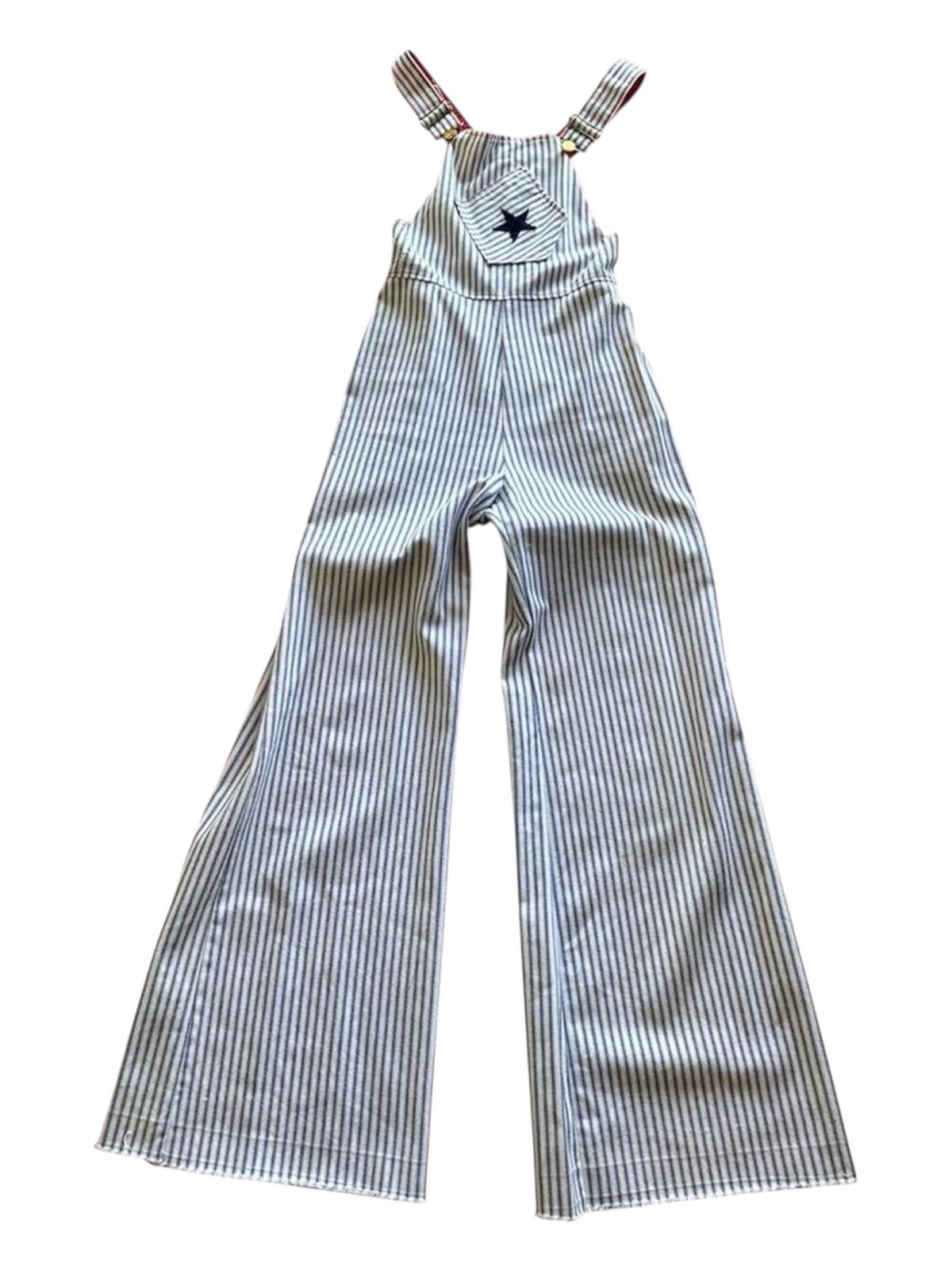 1970s Bell bottom Overalls Striped with star patch 26×31 vintage 70s