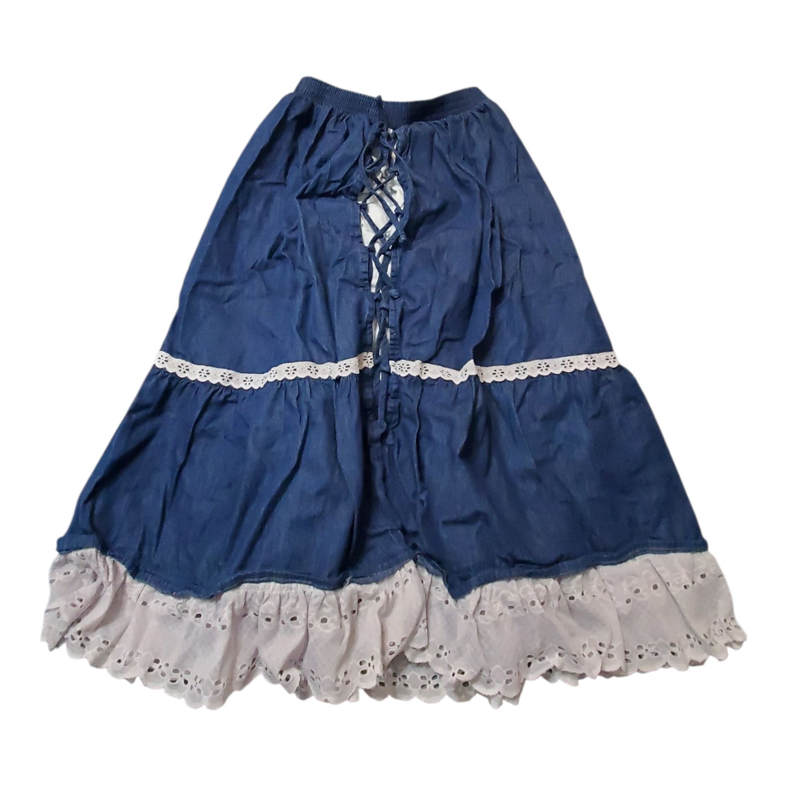 Vtg Blue Denim Prairie Skirt Eyelet Trim Elastic Waist XS-M ? See Photos Western