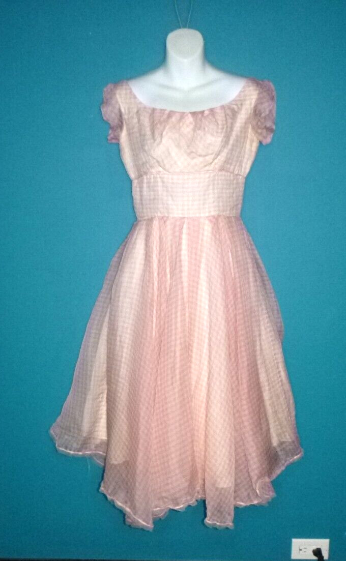 Vtg 1950s Carol Gowns By Mr Walter Pink Gingham Organdy Party Dress Sz S *TLC*