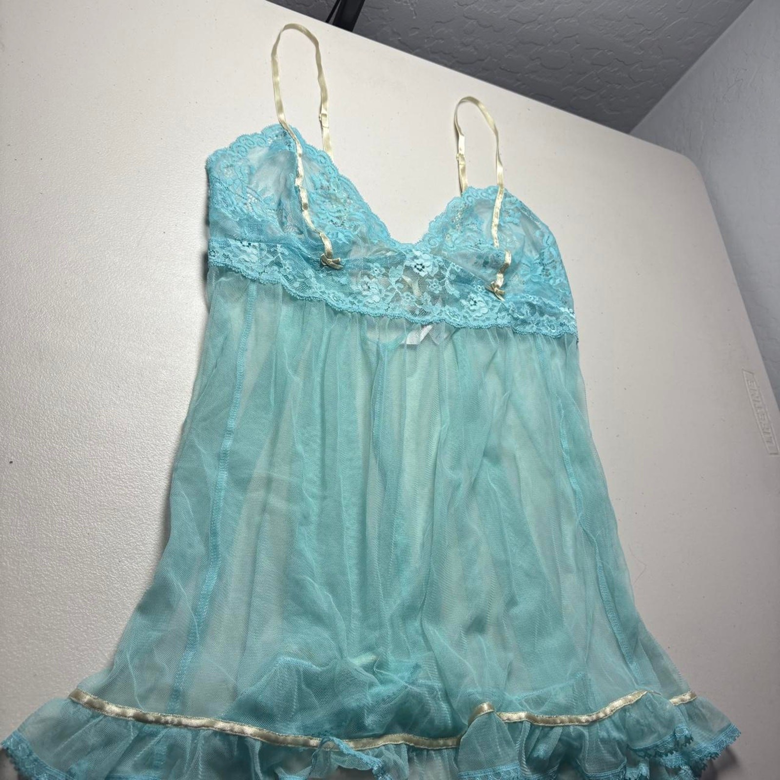 Y2K Victoria’s Secret Aqua Blue Sheer Lace Babydoll Chemise