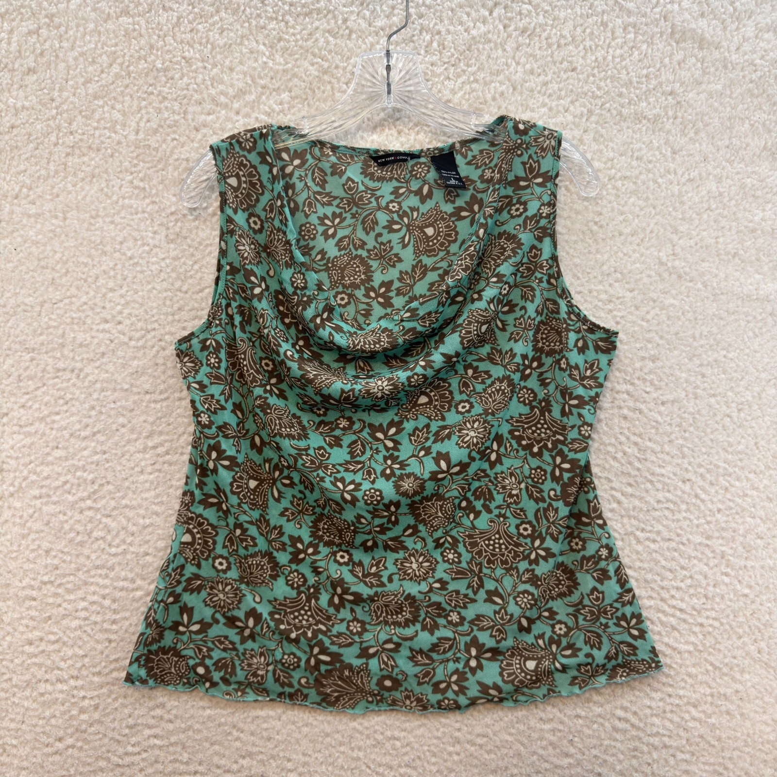 Y2K Vintage Top Large XL Blue Brown Floral Mesh Cowl Neck Corpcore Career Office
