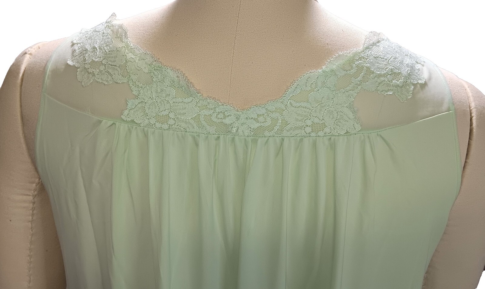 Vtg ShadowLine Pullover Long Nightgown Sz Sm Mint Green Lace Pink Rose Nylon USA