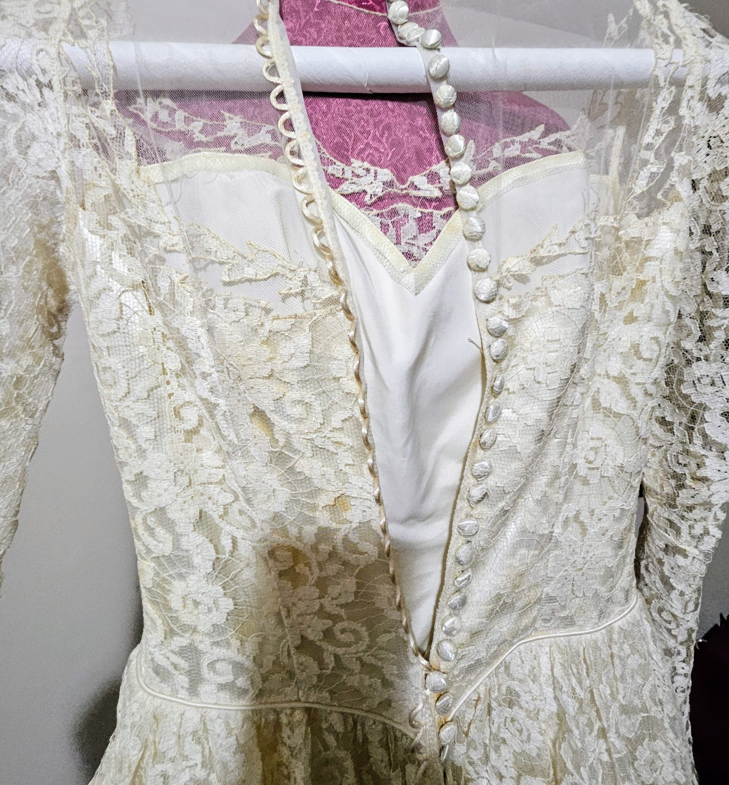 Vintage 50s Maurer Wedding Dress Tulle Lace Button Up Cottage Core