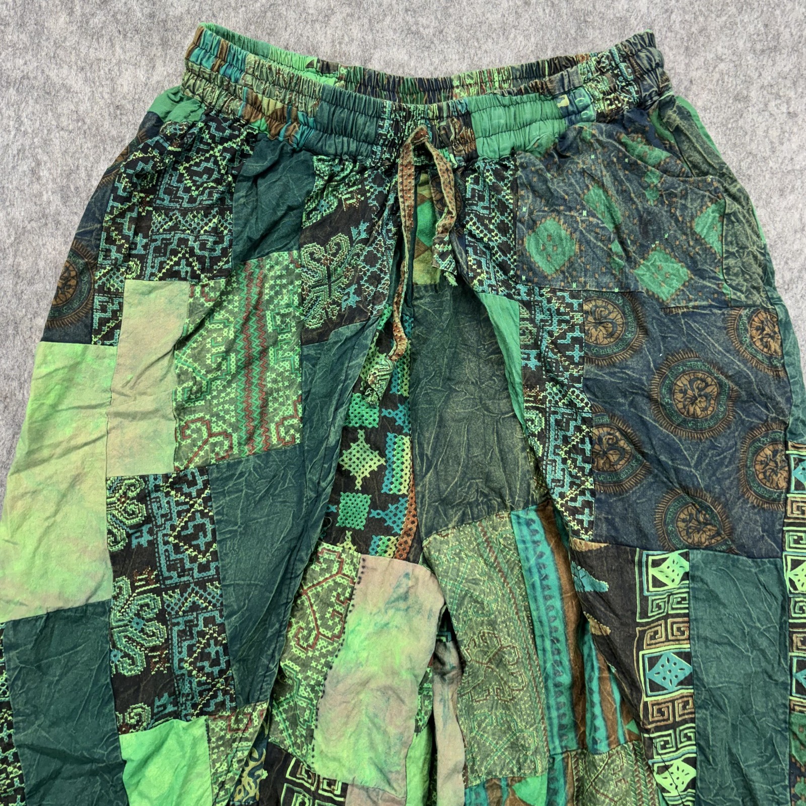 Vintage Kirat Pants Hareem One Size Patchwork Green 100% Cotton Patchwork Boho