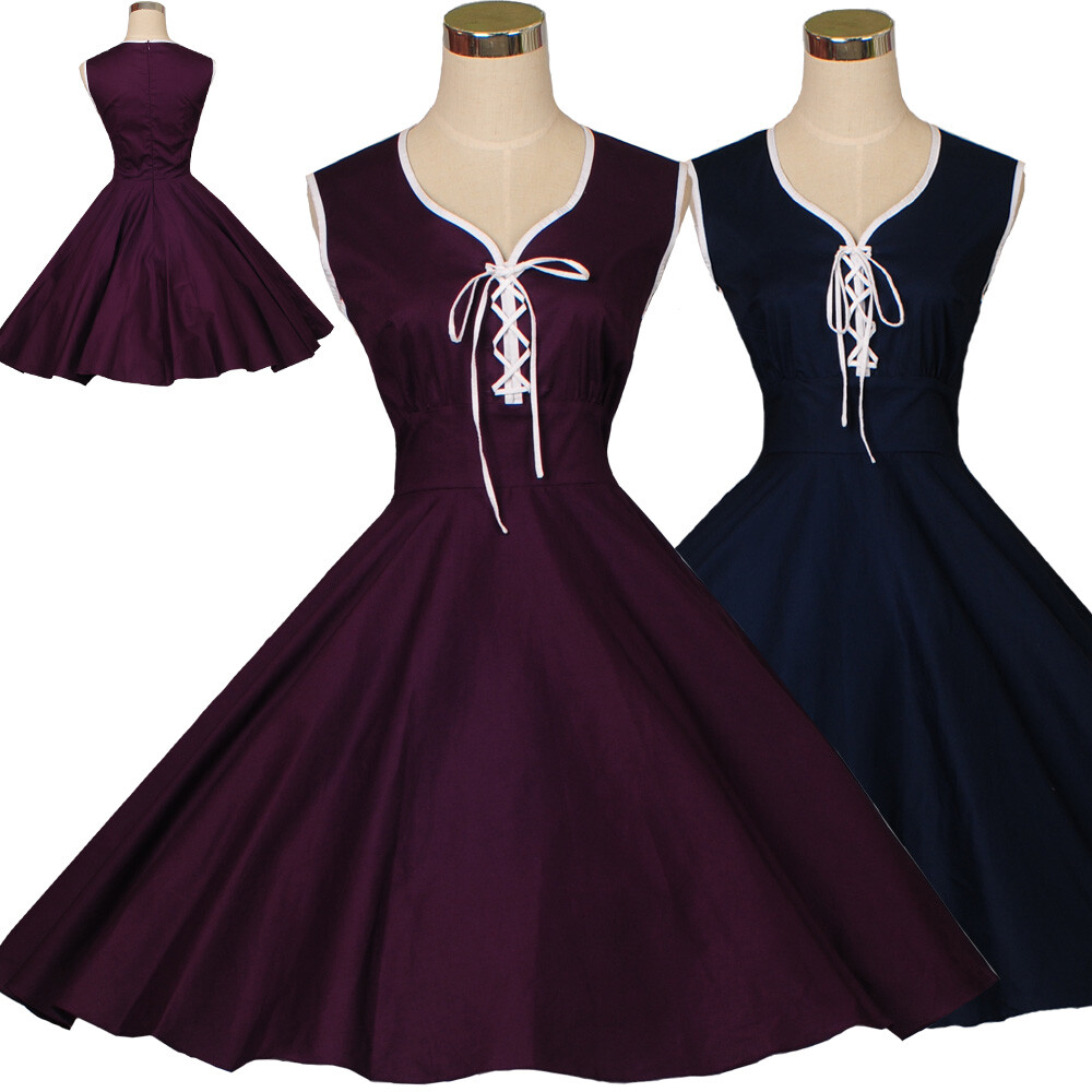 Purple 50s 60s Style Vintage Rockabilly Retro TEA Dress Party Dresses Cotton